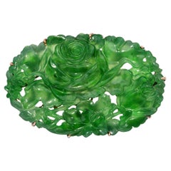 Antique 14k Yellow Gold Carved Floral Motif GIA Type A Burmese Jade Brooch