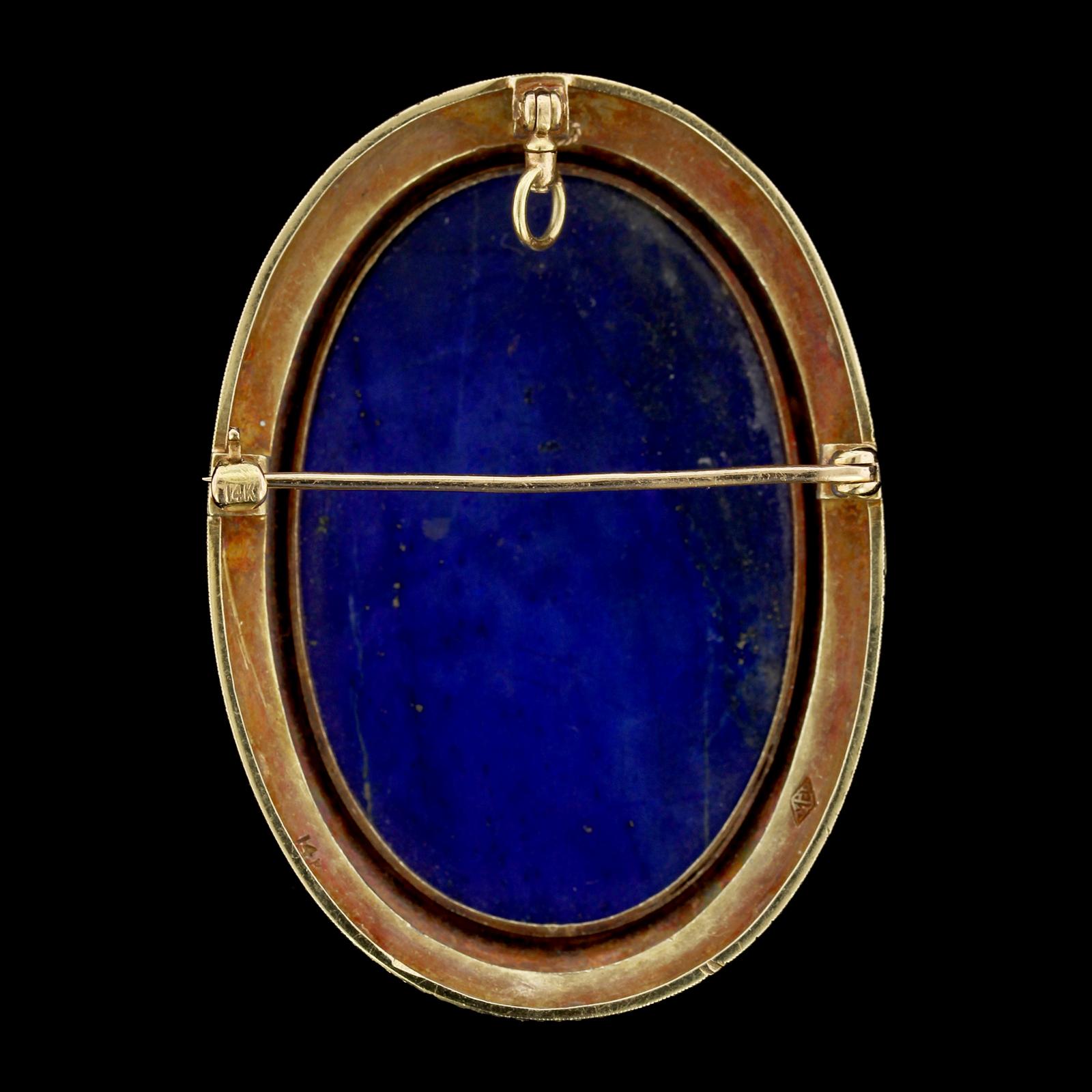 Women's or Men's Antique 14 Karat Yellow Gold Carved Lapis Cameo Brooch Pendant