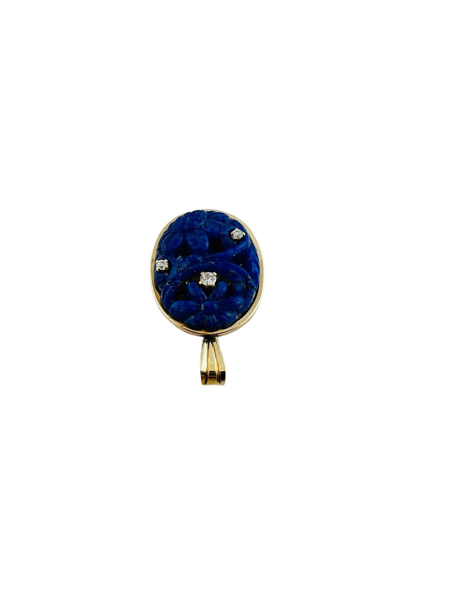 This beautiful oval yellow gold pendant is set with carved lapis lazuli in a floral motif 

This pendant is from St. Petersburg, Russia 1908 - 1927

The pendant is stamped with hallmark:
4 ( a weight mark/zolotniks) 
head facing right (right facing