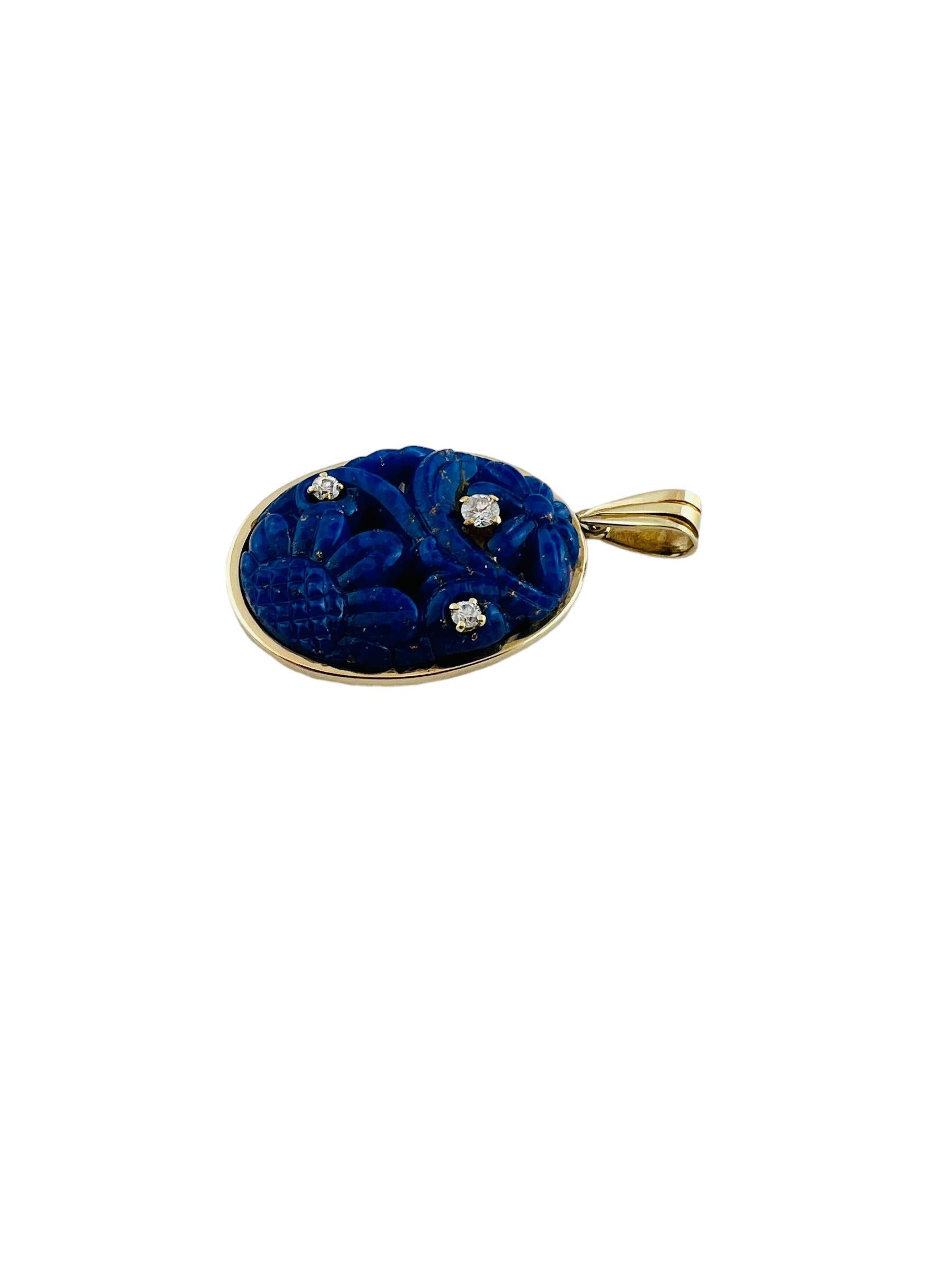 Oval Cut Antique 14K Yellow Gold Carved Lapis Lazuli and Diamond Pendant #15999 For Sale