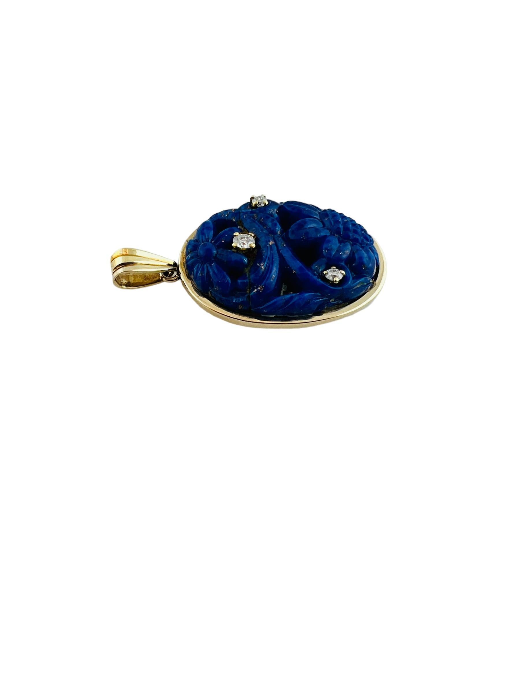 Antique 14K Yellow Gold Carved Lapis Lazuli and Diamond Pendant #15999 In Good Condition For Sale In Washington Depot, CT