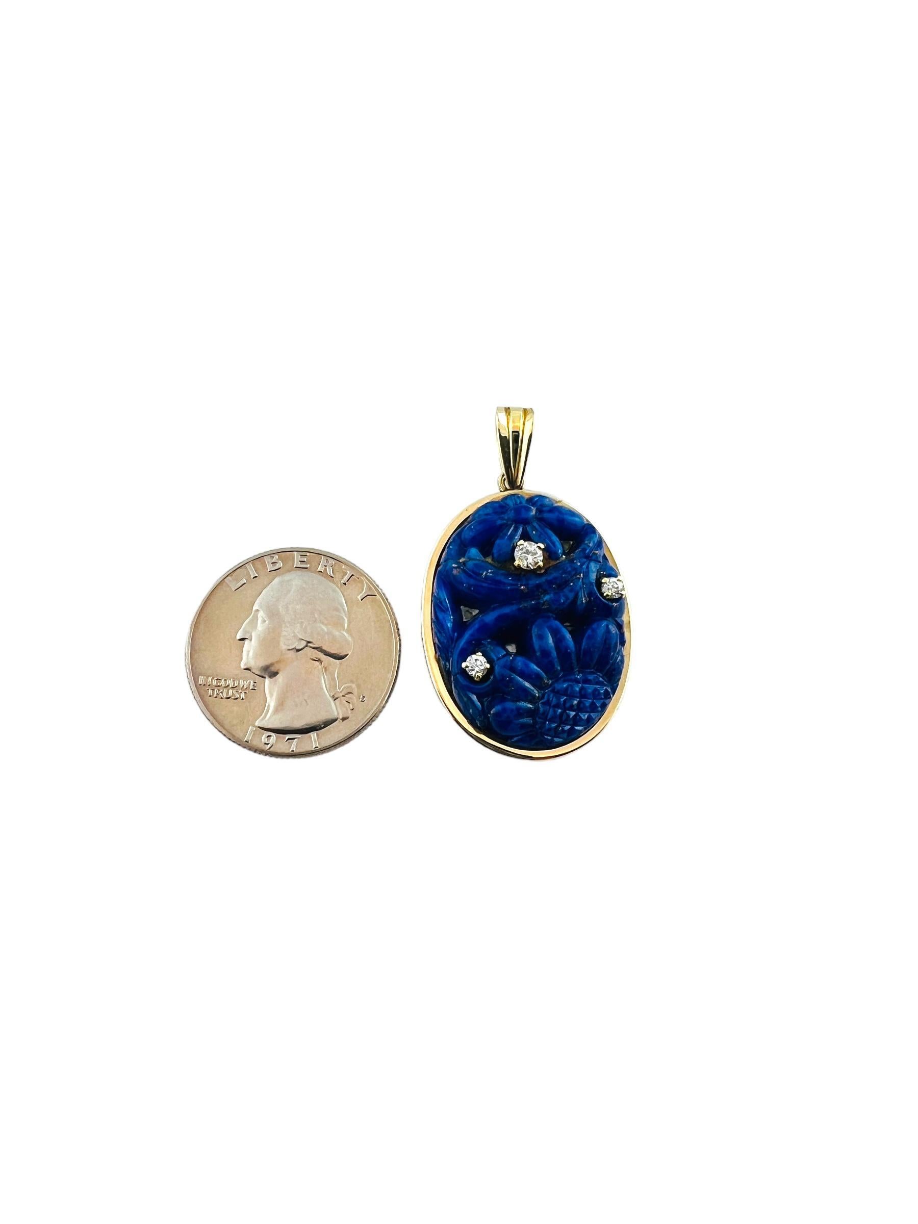 Antique 14K Yellow Gold Carved Lapis Lazuli and Diamond Pendant #15999 For Sale 3