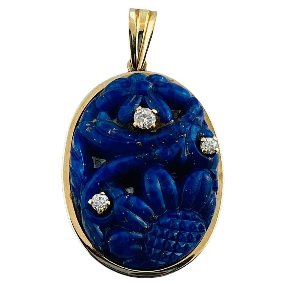 Antique 14K Yellow Gold Carved Lapis Lazuli and Diamond Pendant #15999 For Sale