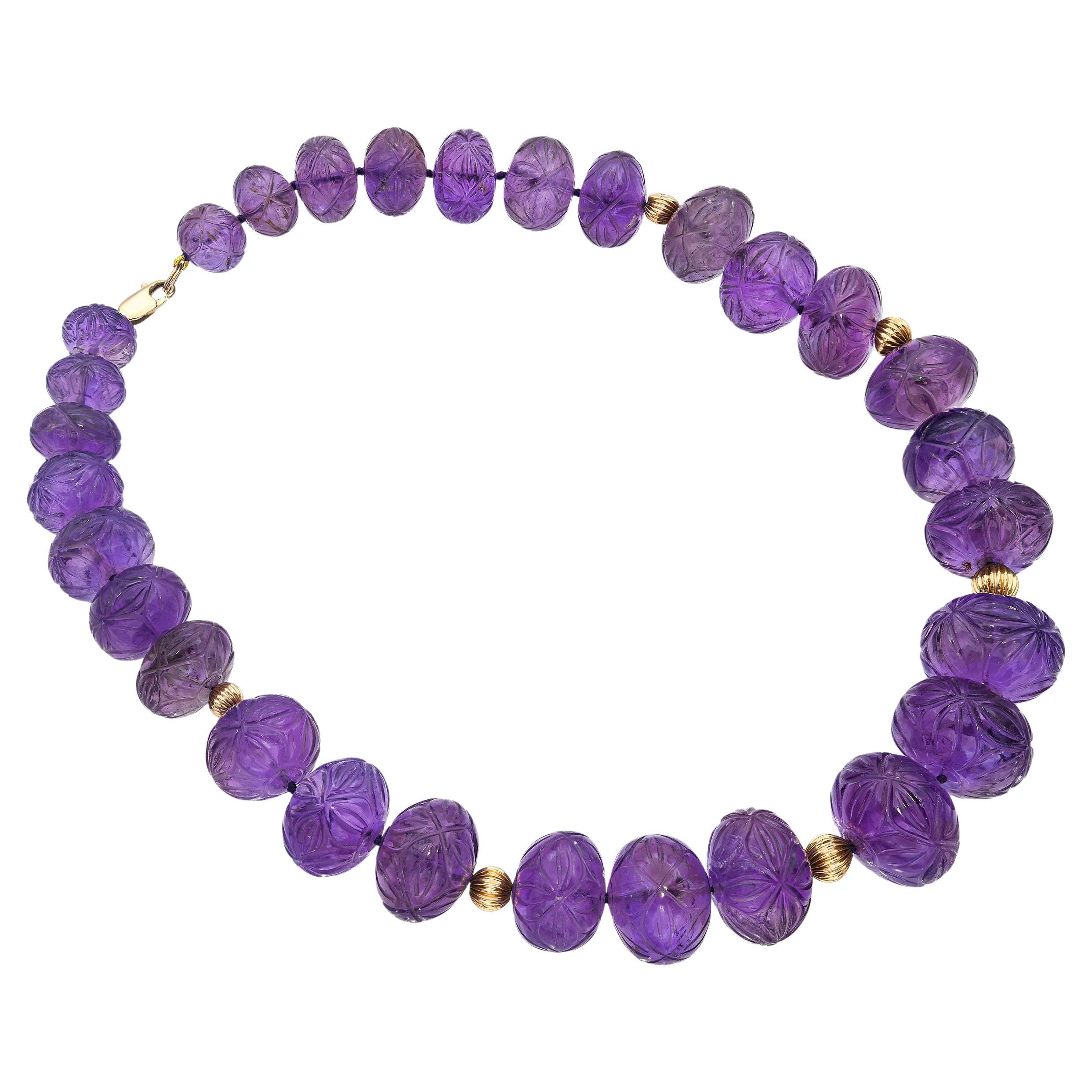 Antique 14k Yellow Gold Carved Mughal Motif Amethyst Bead Necklace For Sale