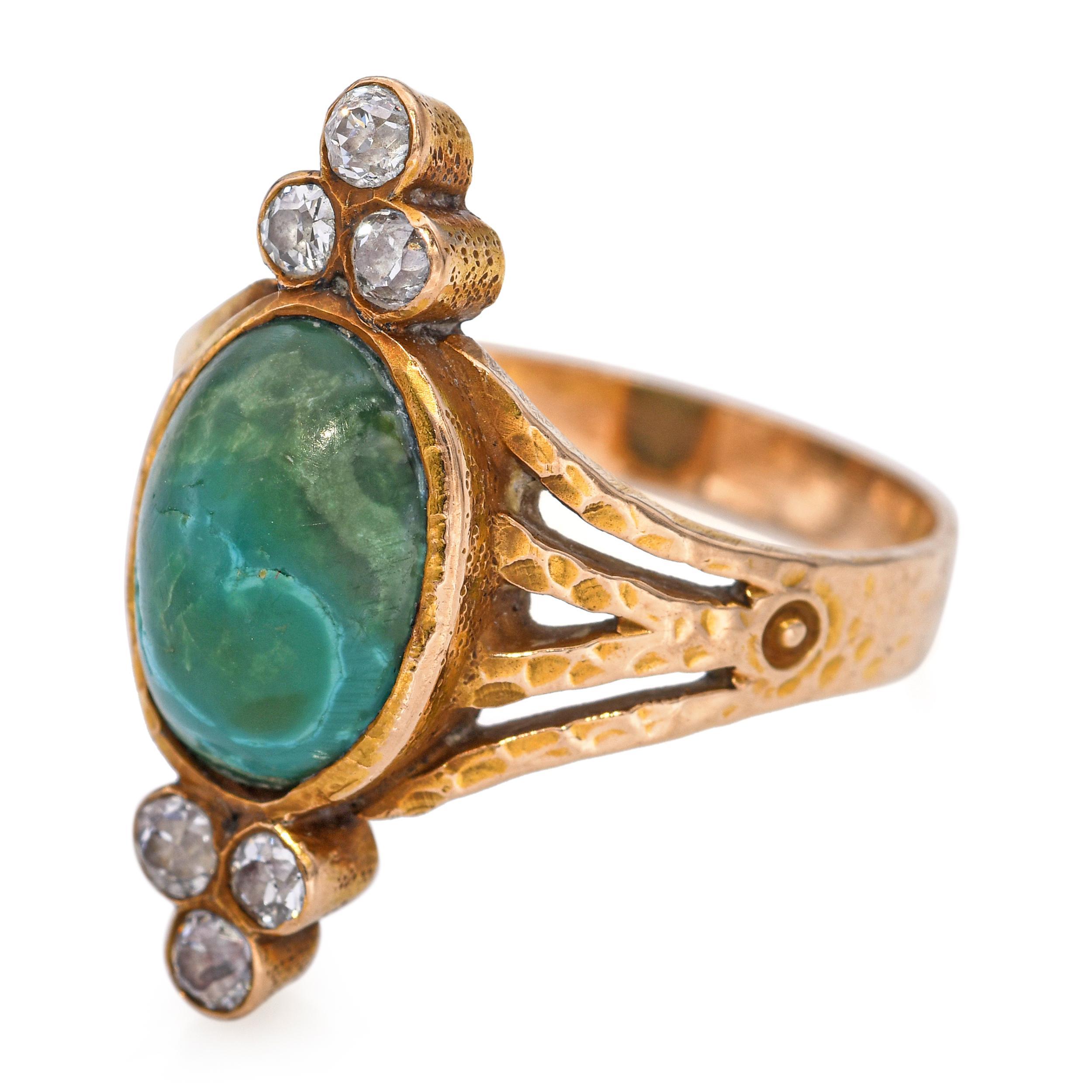 Antique 14k Yellow Gold Chrysocolla and Diamond Hammered Ring In Good Condition For Sale In New York, NY