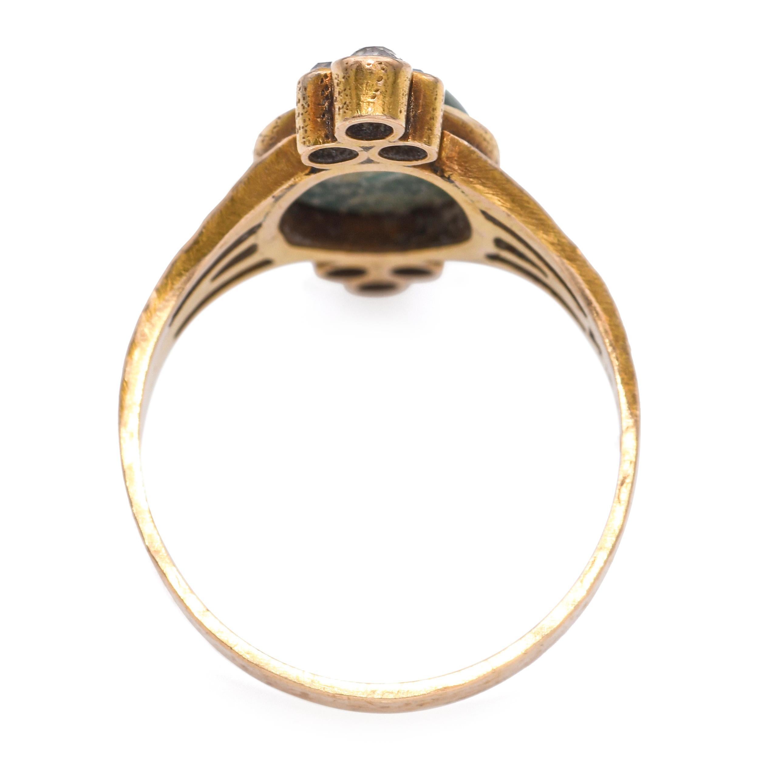 Women's Antique 14k Yellow Gold Chrysocolla and Diamond Hammered Ring For Sale