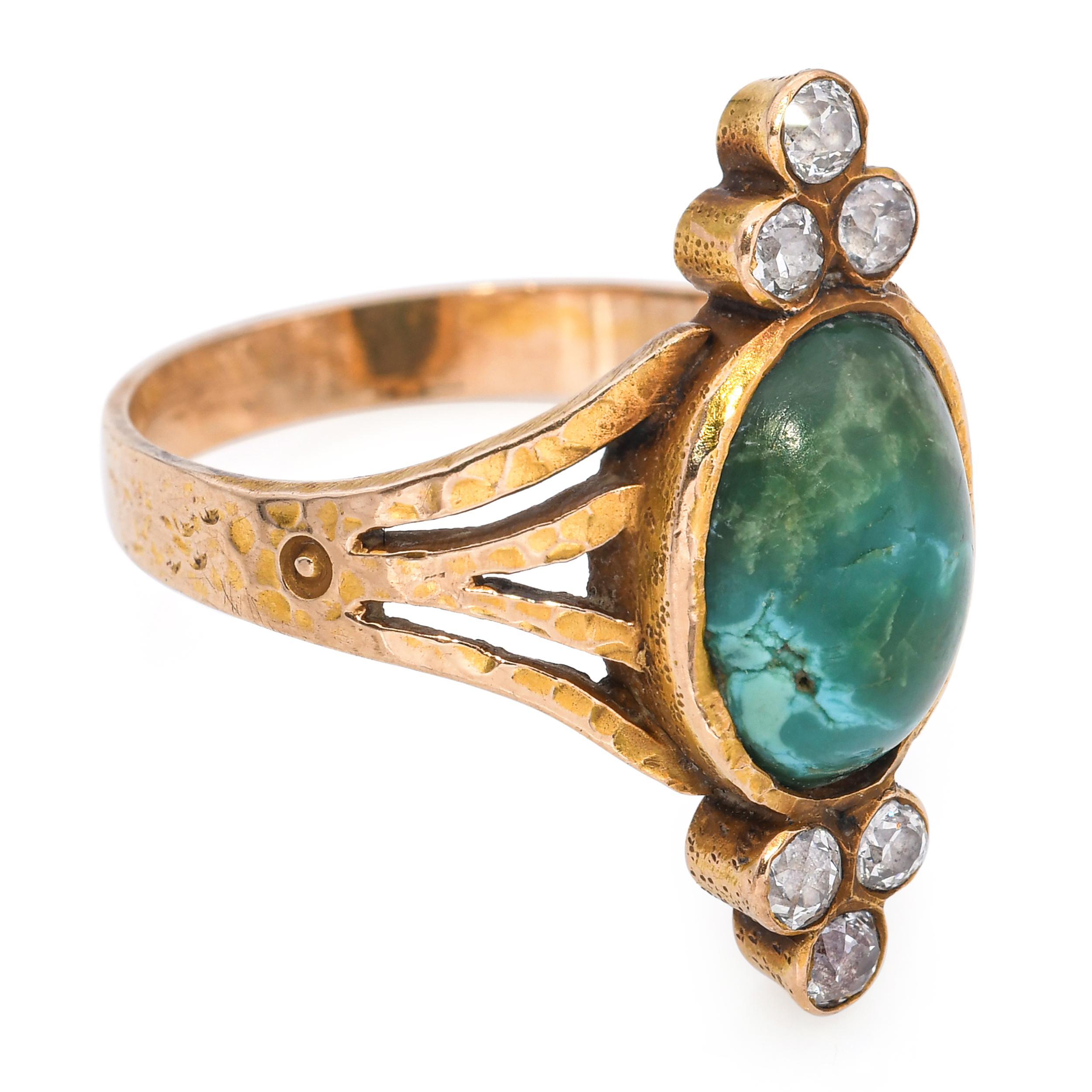 Antique 14k Yellow Gold Chrysocolla and Diamond Hammered Ring For Sale 1