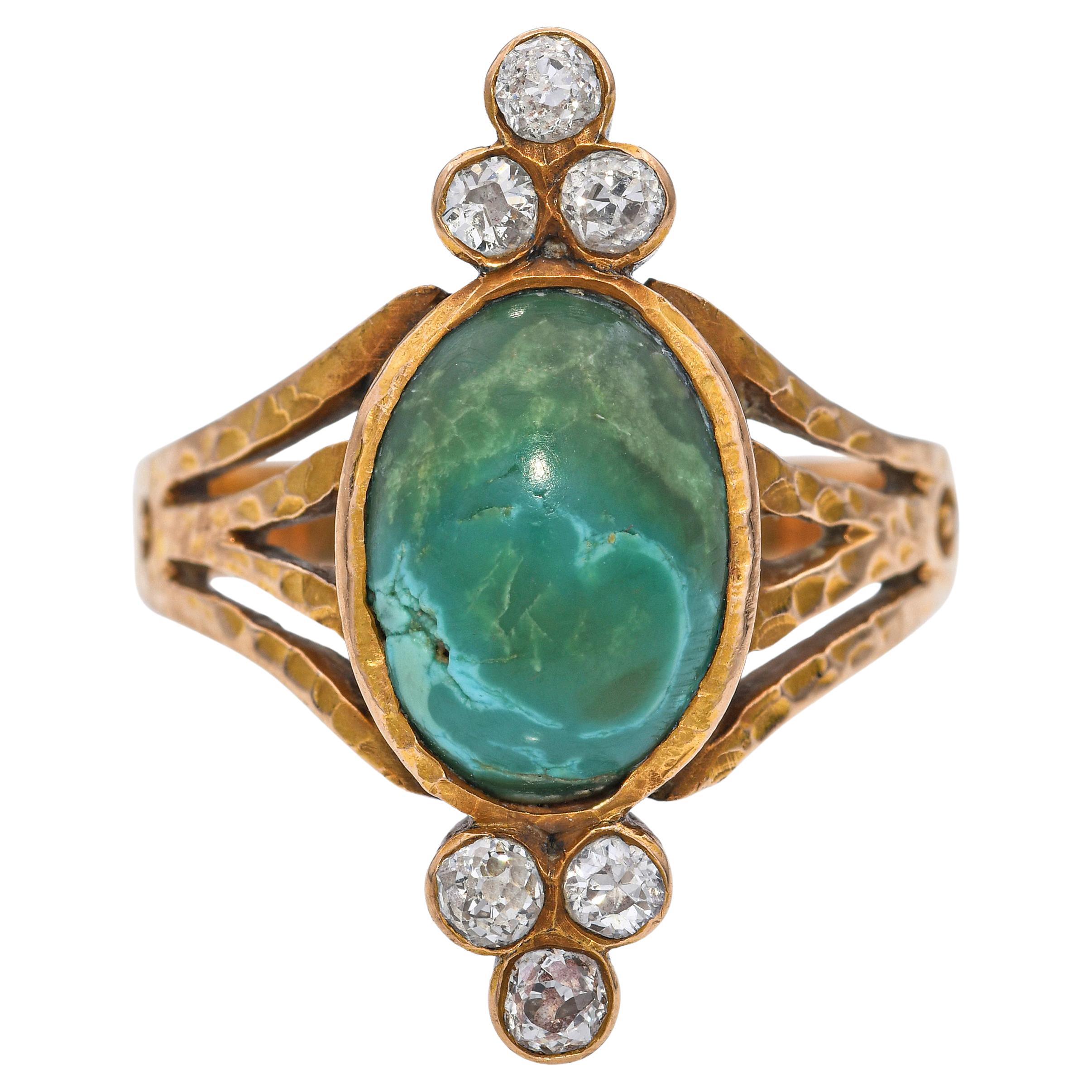 Antique 14k Yellow Gold Chrysocolla and Diamond Hammered Ring For Sale