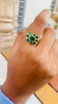 Antique 14K Yellow Gold Clustered Emeralds and Diamond Cocktail Ring for Her