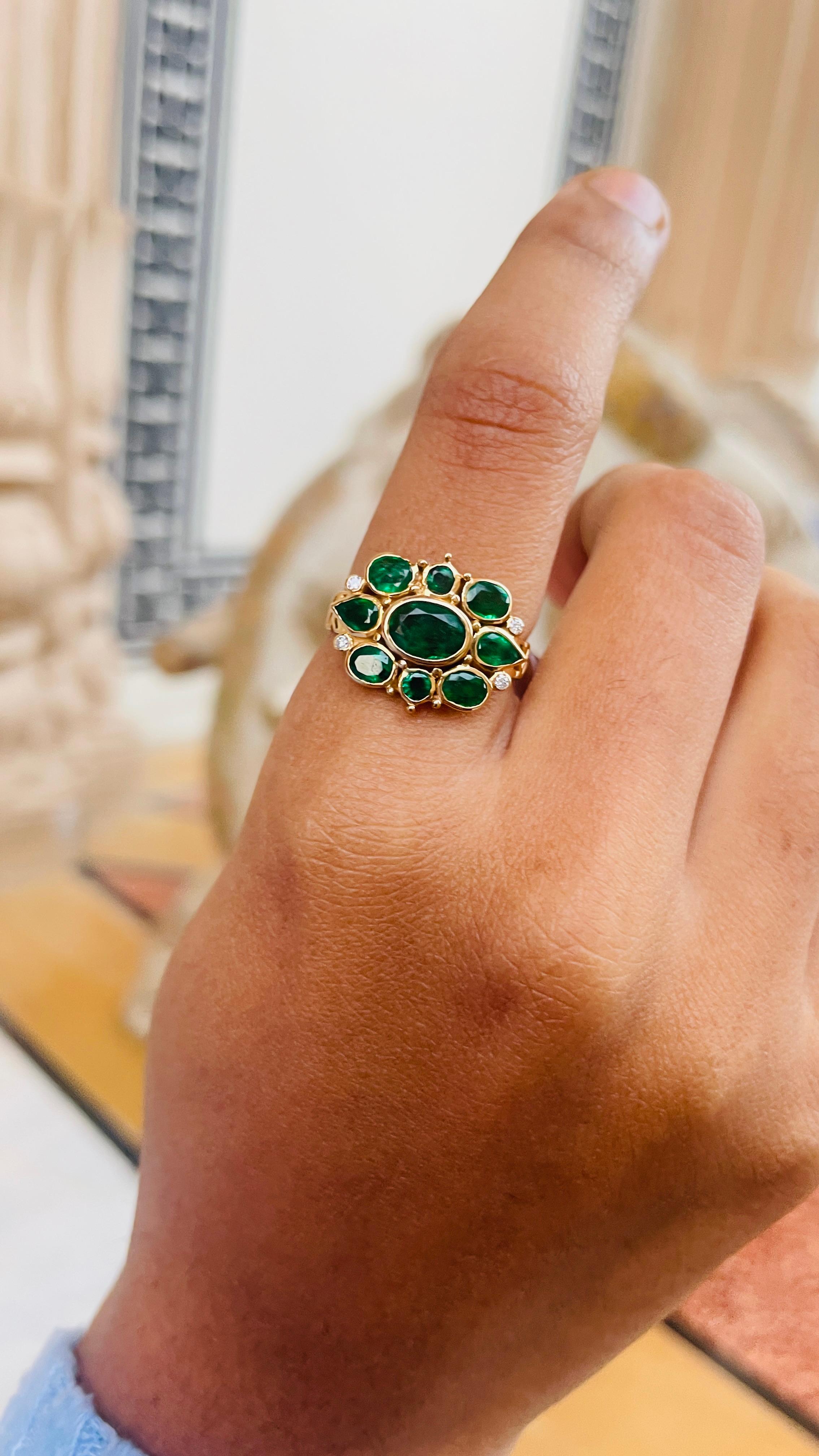 For Sale:  Antique 14K Yellow Gold Clustered Emeralds and Diamond Cocktail Ring for Her 6