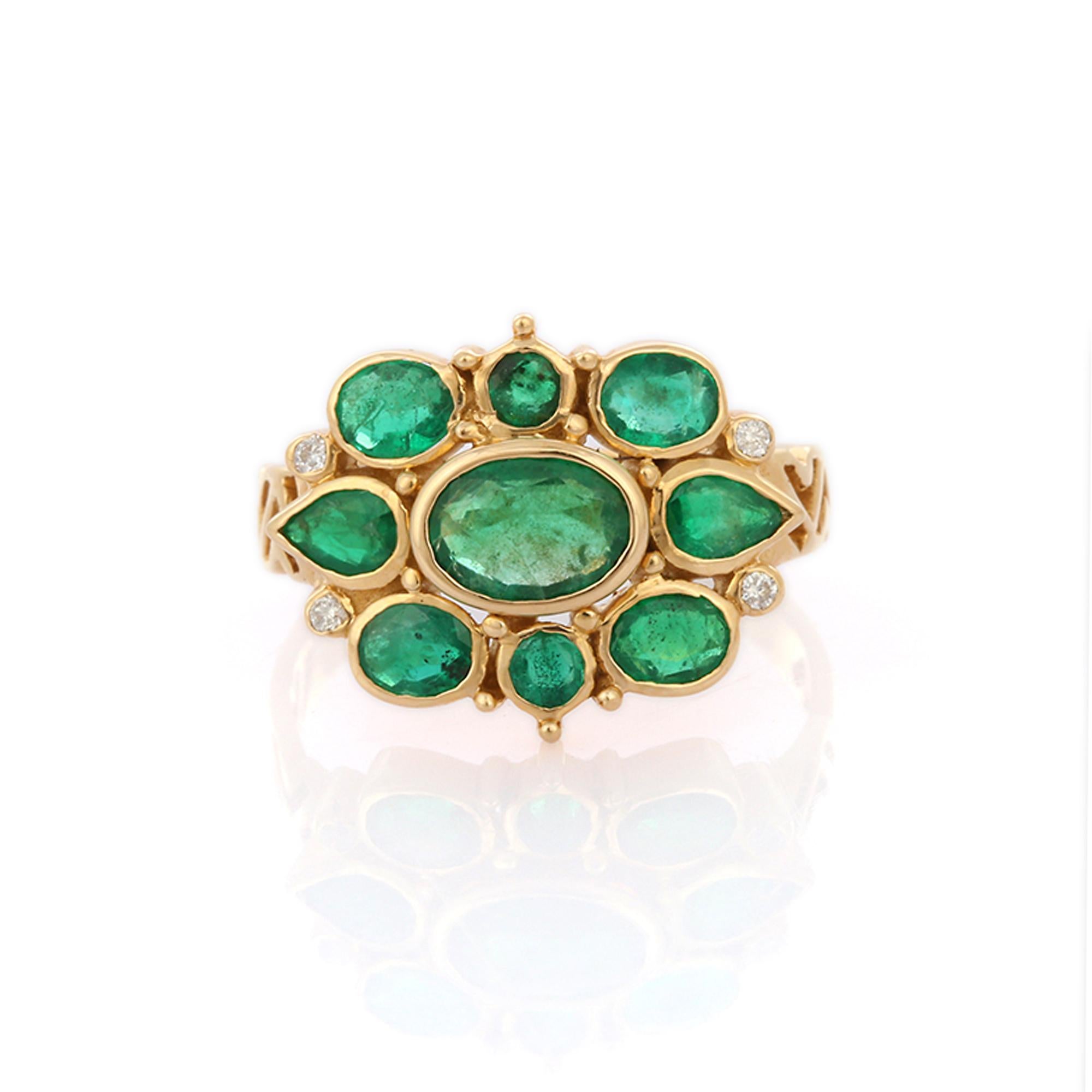 For Sale:  Antique 14K Yellow Gold Clustered Emeralds and Diamond Cocktail Ring for Her 8