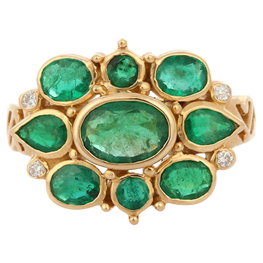 Antique 14K Yellow Gold Clustered Emeralds and Diamond Cocktail Ring for Her