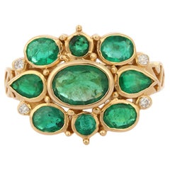 Antique 14K Yellow Gold Clustered Emeralds and Diamond Cocktail Ring for Her
