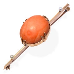 Antique 14k Yellow Gold Coral and Pearl Bar Brooch
