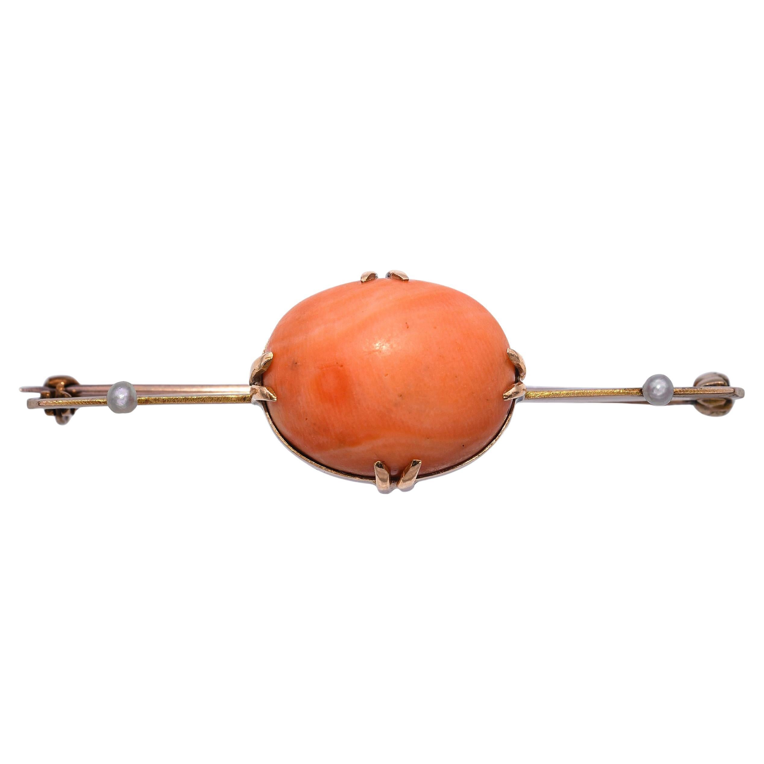 Antica spilla a barretta in oro giallo 14k con corallo e perle