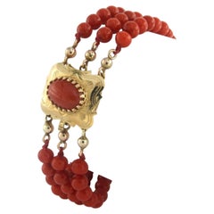Antique 14k Yellow Gold Coral Beaded Bracelet, Circa 1870, 20 cm