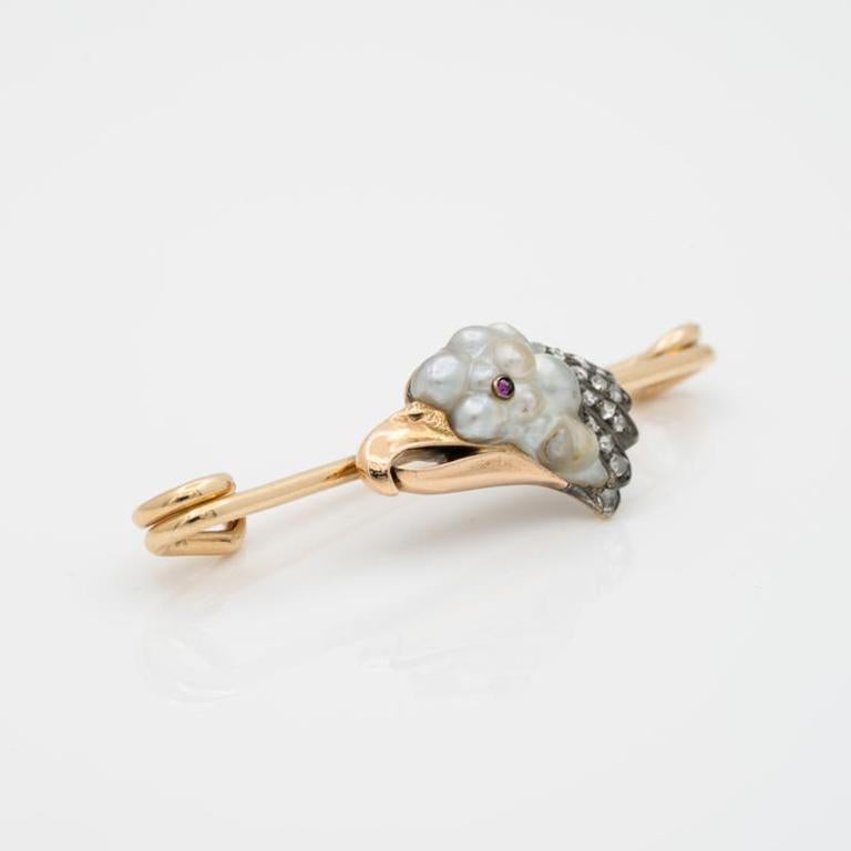 Late Victorian 14 Karat Yellow Gold, Diamond and Baroque Pearl Eagle Safety Pin, circa 1890s For Sale