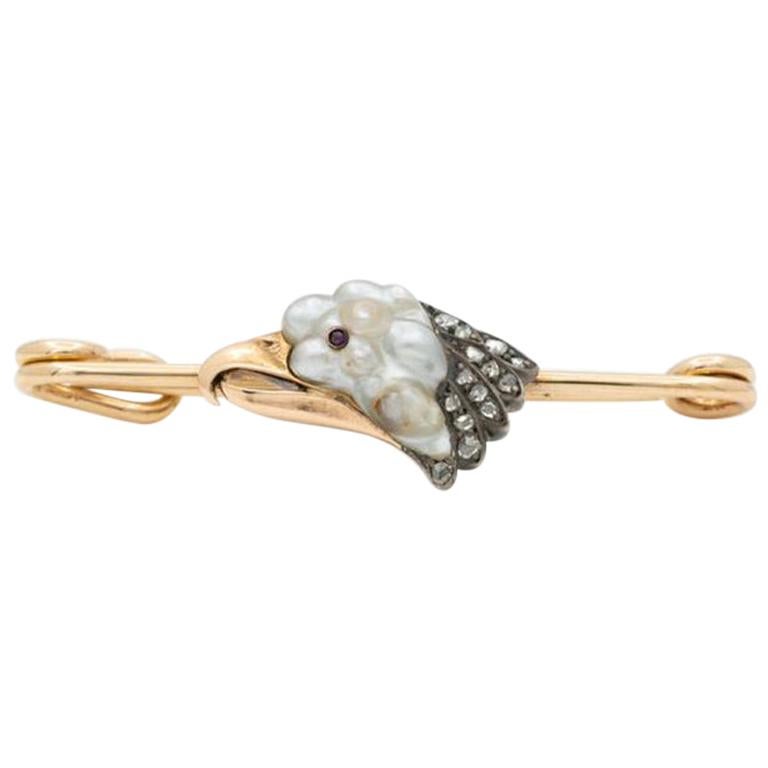 14 Karat Yellow Gold, Diamond and Baroque Pearl Eagle Safety Pin, circa 1890s For Sale