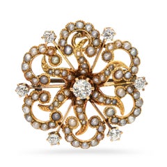 Antique 14k Yellow Gold Diamond and Seed Pearl Sunburst Cyclical Brooch