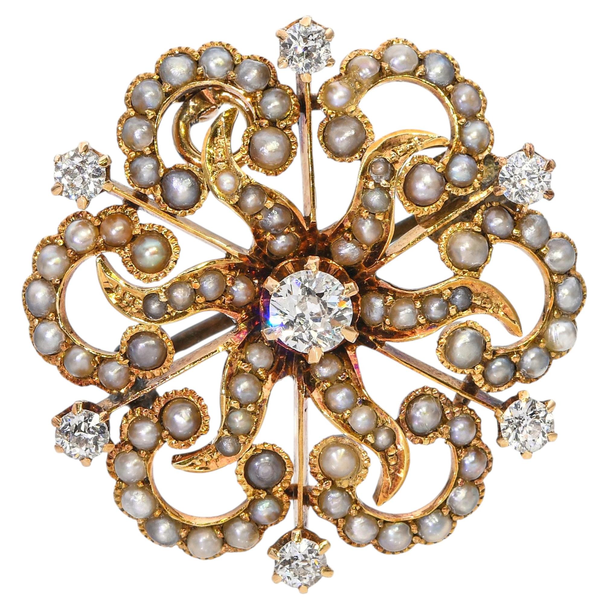 Antique 14k Yellow Gold Diamond and Seed Pearl Sunburst Cyclical Brooch