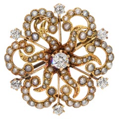 Antique 14k Yellow Gold Diamond and Seed Pearl Sunburst Cyclical Brooch