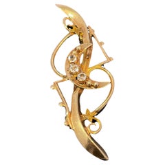 Broche ancienne en or jaune 14K diamantée croissant de lune tourbillon