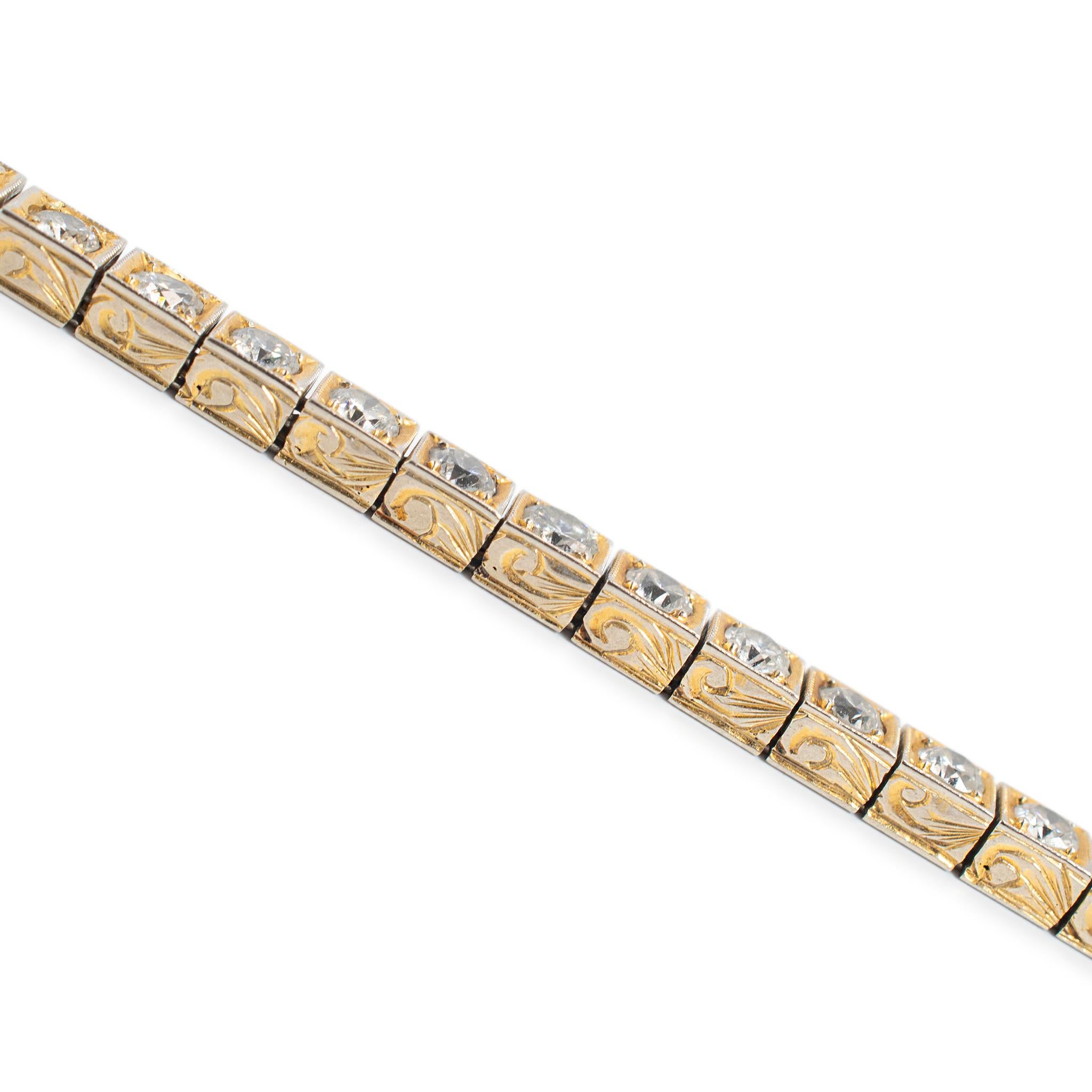 Antiguo Brazalete de Tenis de Eslabones Cuadrados Filigranados con Diamantes en Oro Amarillo de 14 K Corte redondo en venta