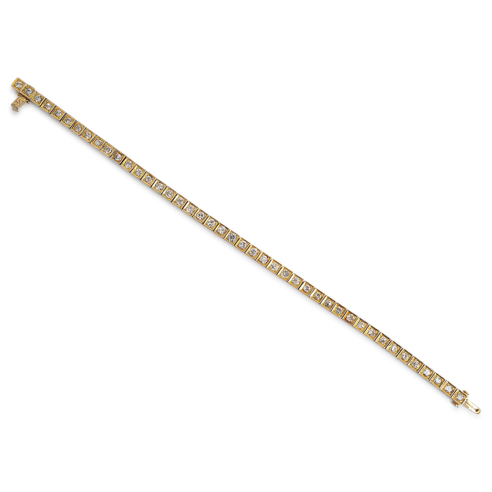 Antiguo Brazalete de Tenis de Eslabones Cuadrados Filigranados con Diamantes en Oro Amarillo de 14 K en Excelente estado para la venta en Houston, TX
