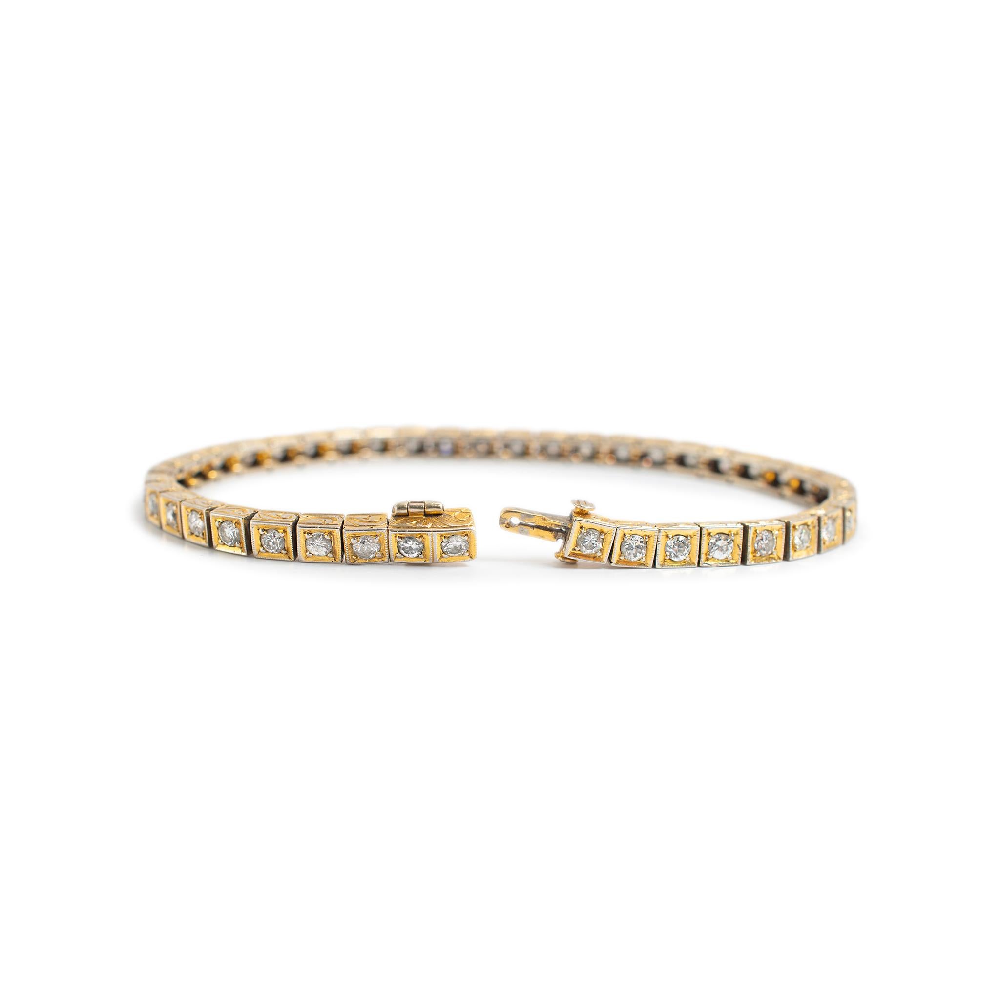 De las mujeres Antiguo Brazalete de Tenis de Eslabones Cuadrados Filigranados con Diamantes en Oro Amarillo de 14 K en venta
