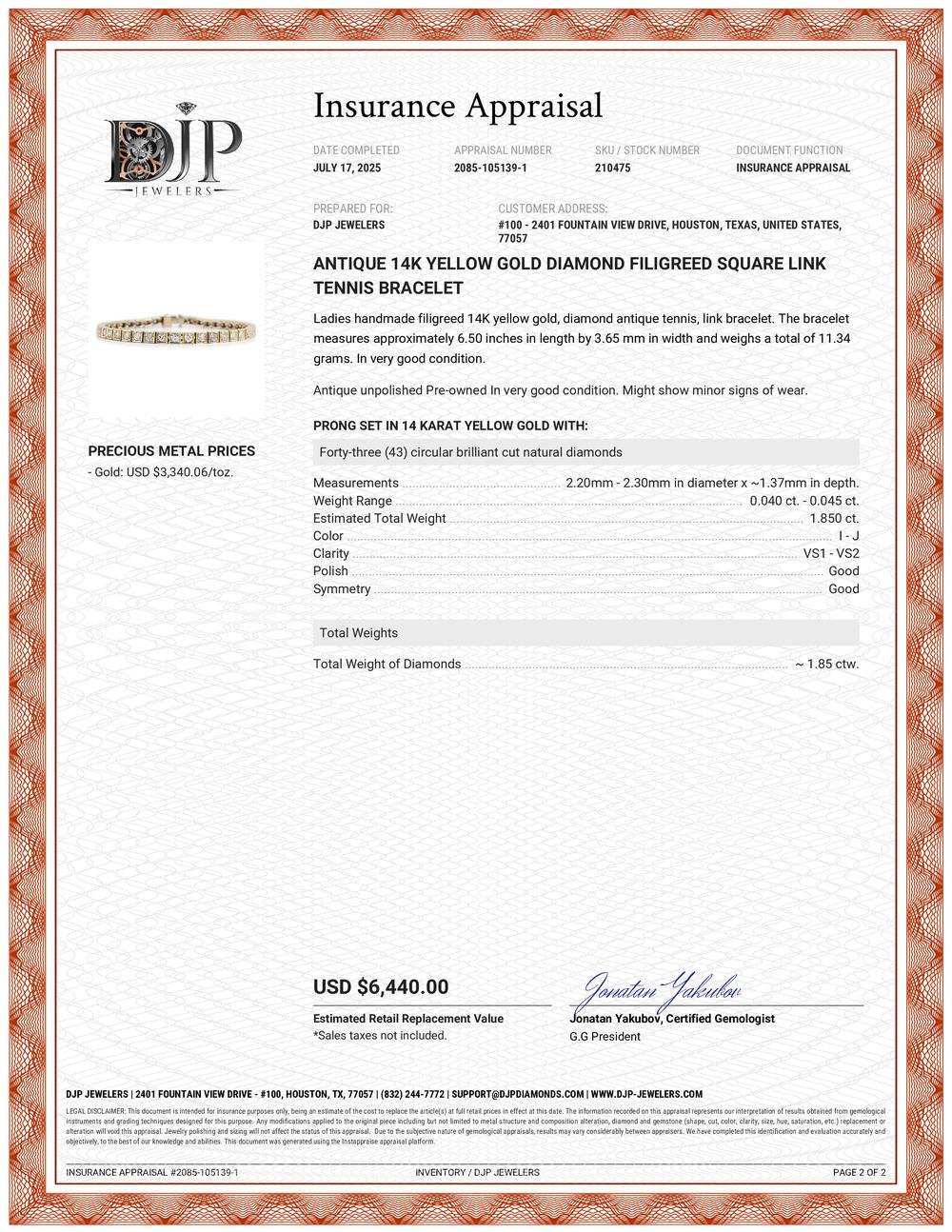 Antiguo Brazalete de Tenis de Eslabones Cuadrados Filigranados con Diamantes en Oro Amarillo de 14 K en venta 4