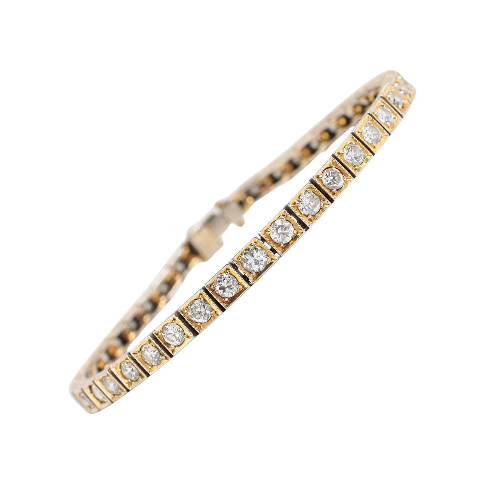 Antique 14K Yellow Gold Diamond Filigreed Square Link Tennis Bracelet