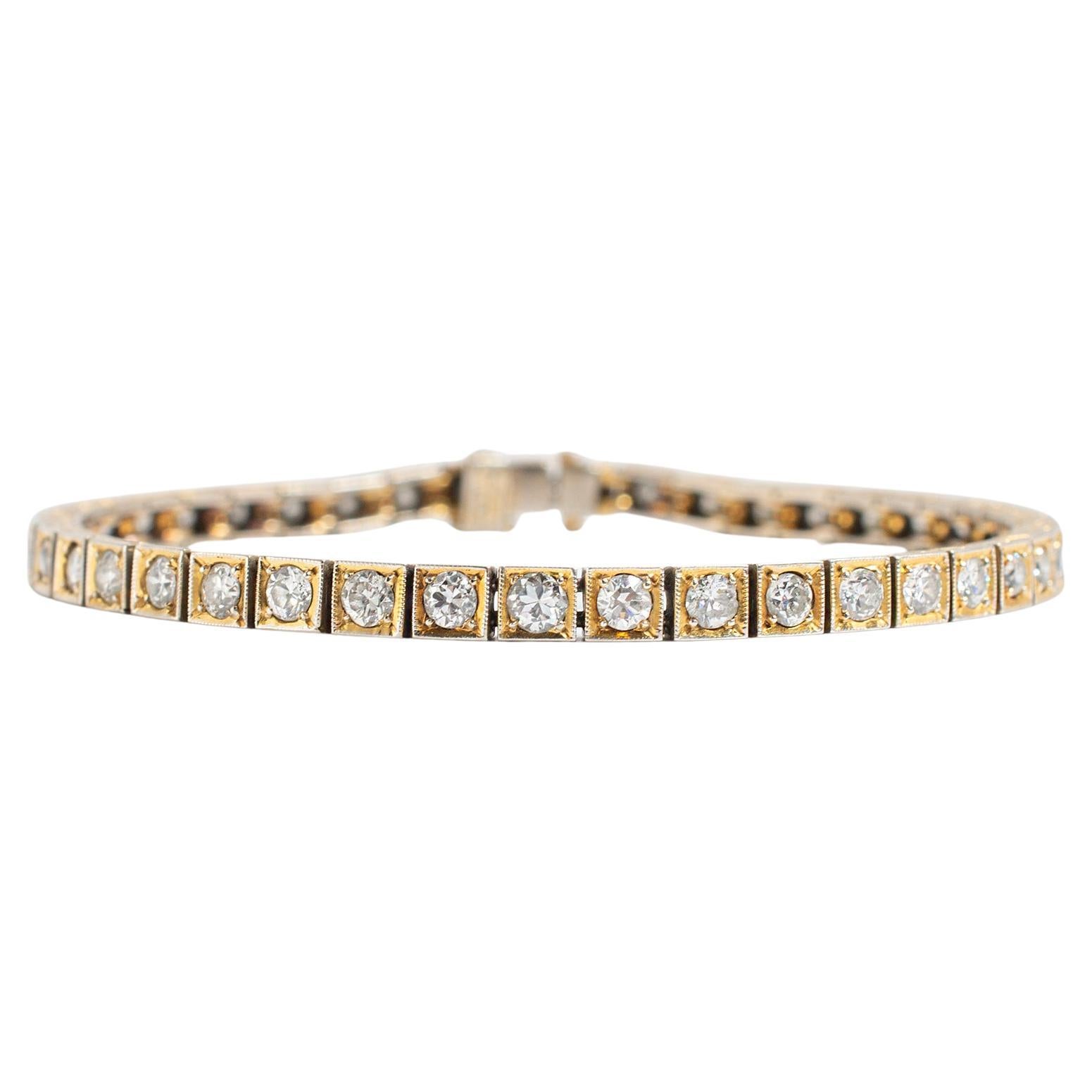 Antiguo Brazalete de Tenis de Eslabones Cuadrados Filigranados con Diamantes en Oro Amarillo de 14 K en venta