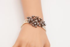 Antique 14K Yellow Gold Diamond Floral Pearl Bracelet, 1900s