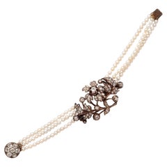 Antique 14K Yellow Gold Diamond Floral Pearl Bracelet, 1900s