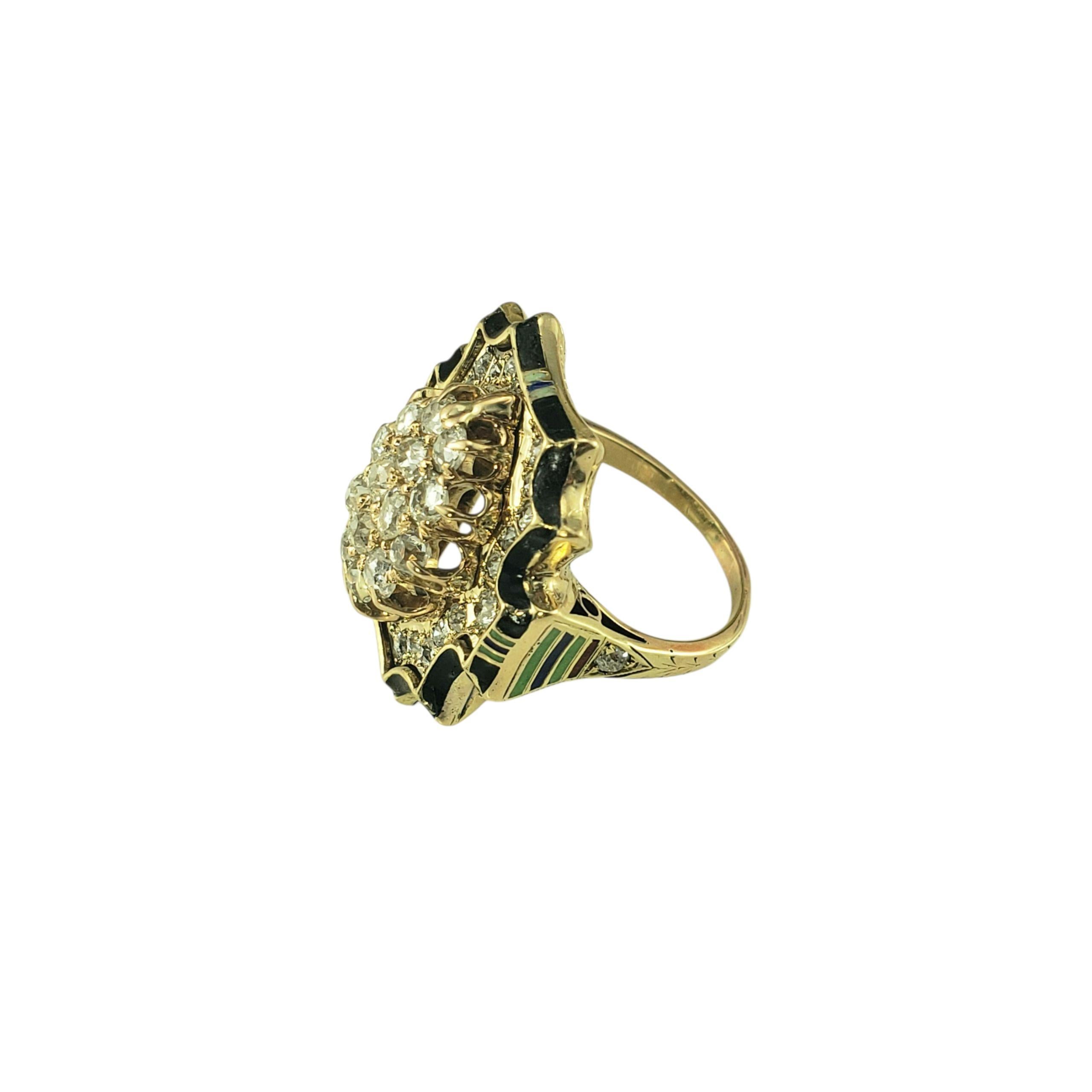 Taglio vecchia miniera Anello antico in oro giallo 14K con diamanti, onice e smalto, misura 5 #23051 in vendita