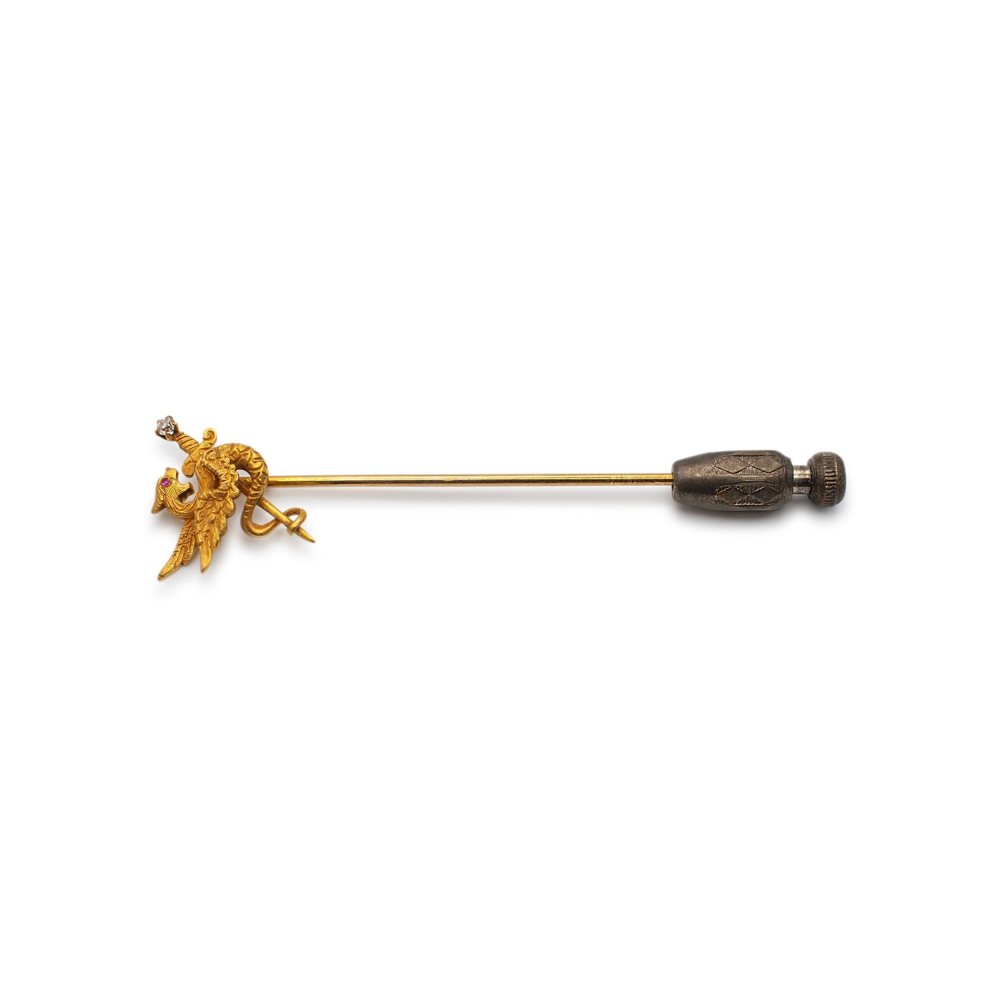 Gender: Unisex

Metal Type: 14K Yellow Gold

Length: 2.25 Inches

Width: 14.80 mm

Weight: 1.71 grams

14K yellow gold diamond and pink sapphire antique stick pin. Engraved with 