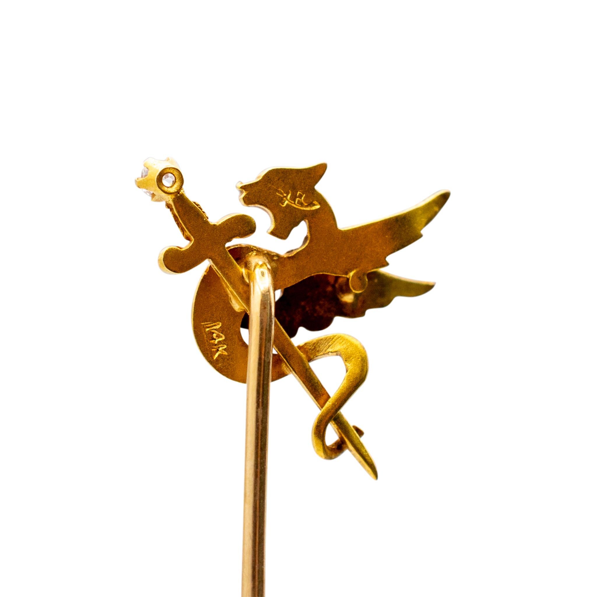 Antique 14K Yellow Gold Diamond PIN Sapphire Sword Dragon Stick PIN In Excellent Condition In Houston, TX