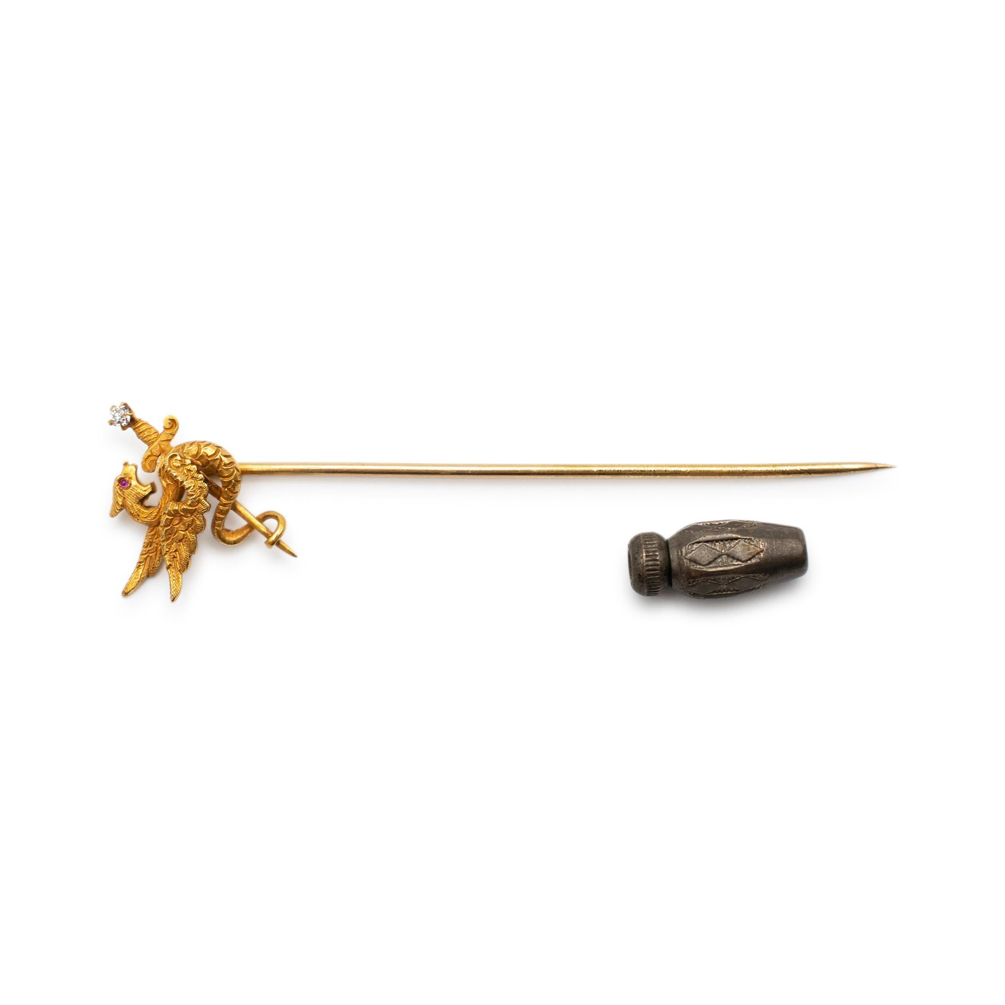 Women's or Men's Antique 14K Yellow Gold Diamond PIN Sapphire Sword Dragon Stick PIN