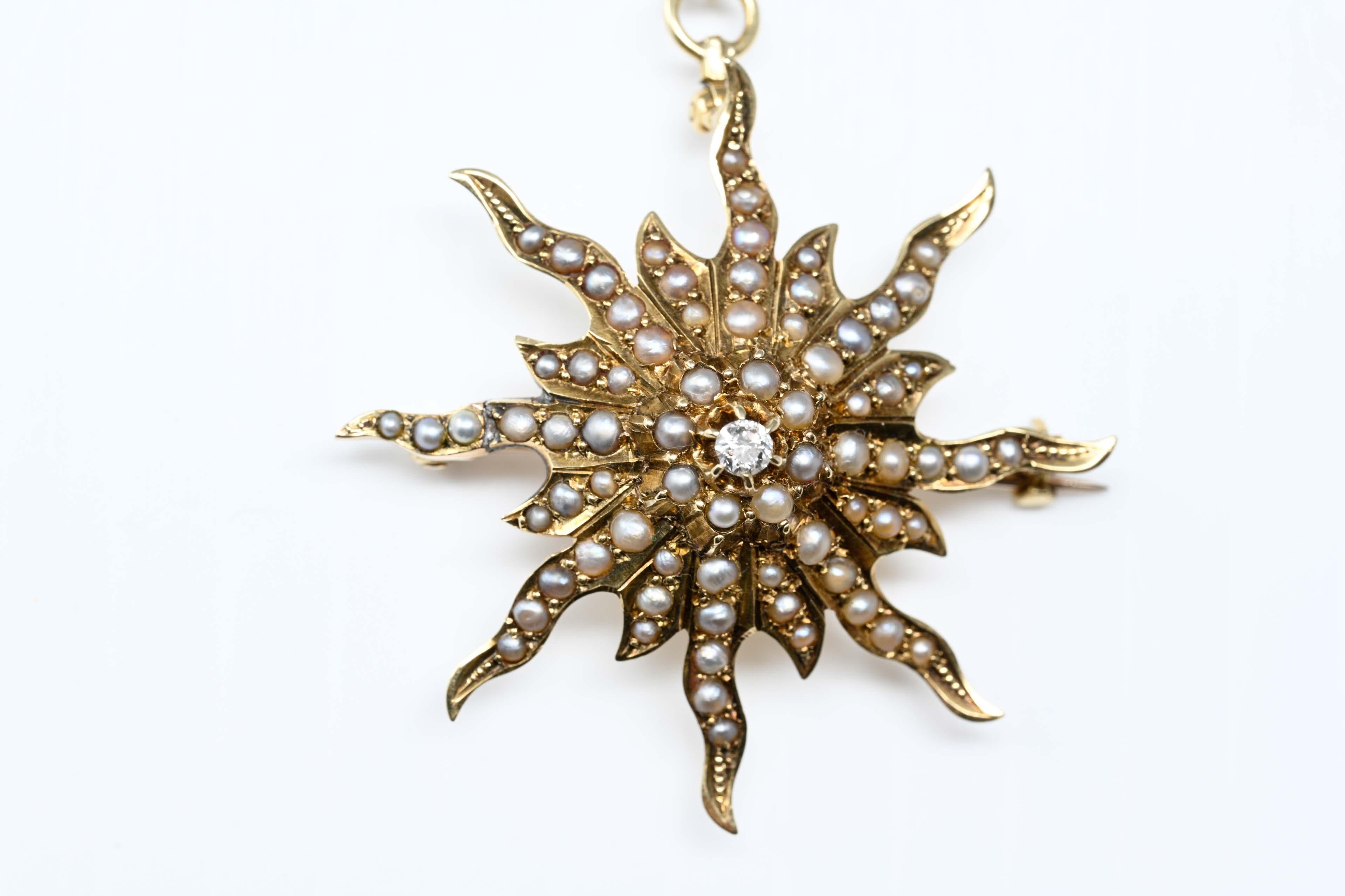 Antique 14k yellow gold star pendant set with central .05ct diamond and 64 genuine seed pearls. It is stamped 14k on the back. Measures 45mm x 38mm, weighs 7 grams preowned and in good condition.