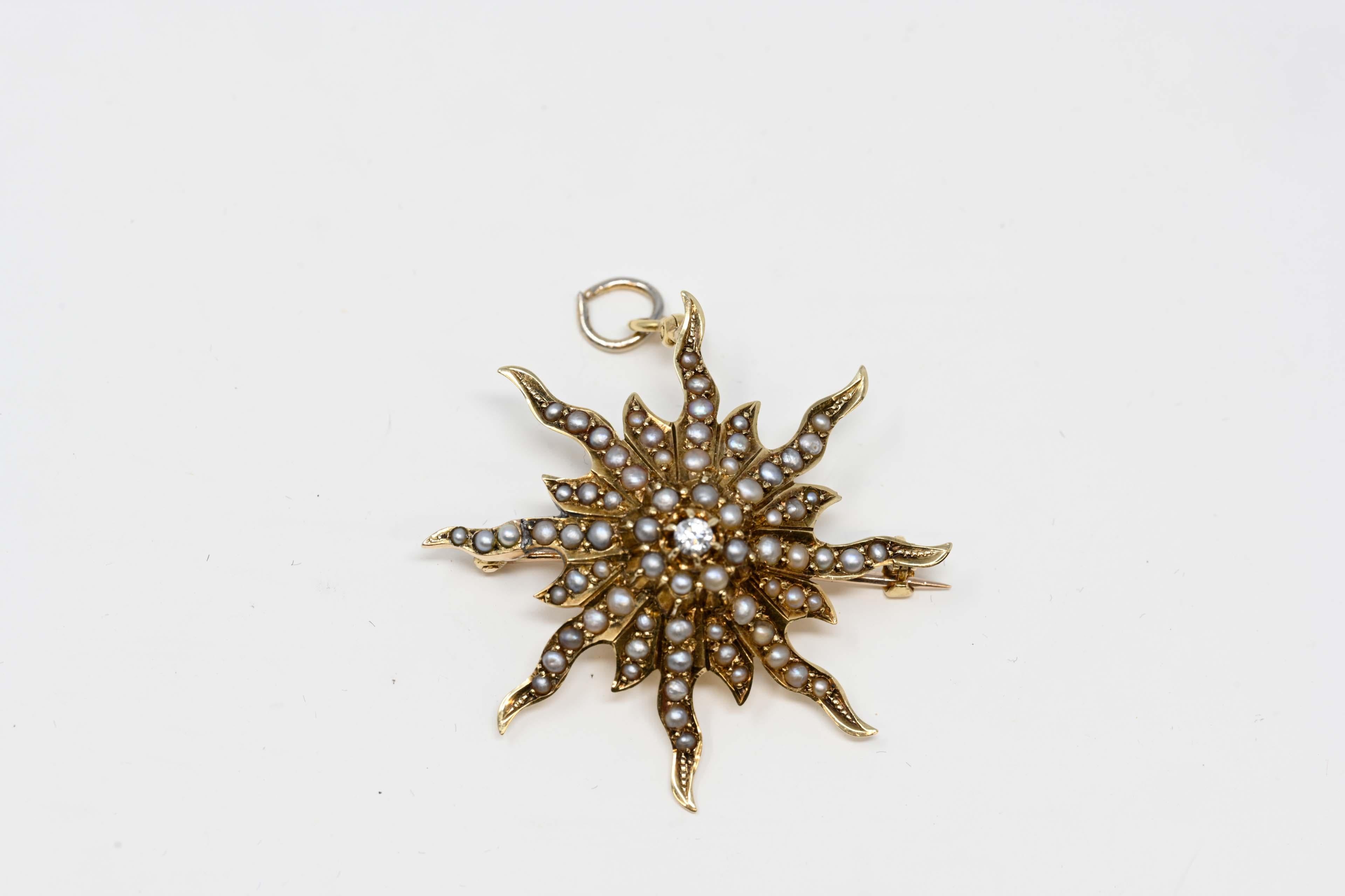 Pendentif étoile ancienne en or jaune 14 carats, diamants et perles naturelles Bon état - En vente à Montreal, QC