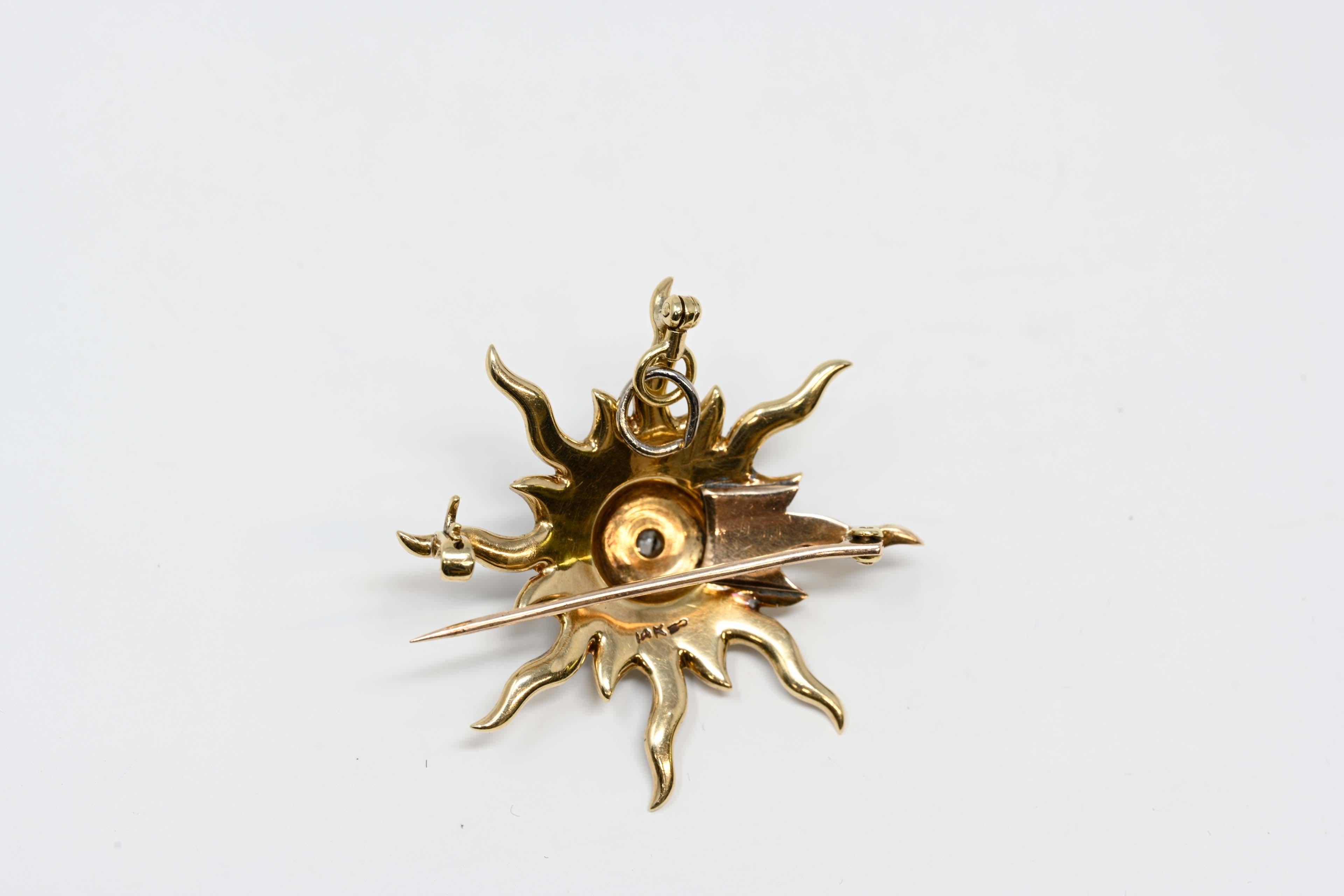 Pendentif étoile ancienne en or jaune 14 carats, diamants et perles naturelles Pour femmes en vente