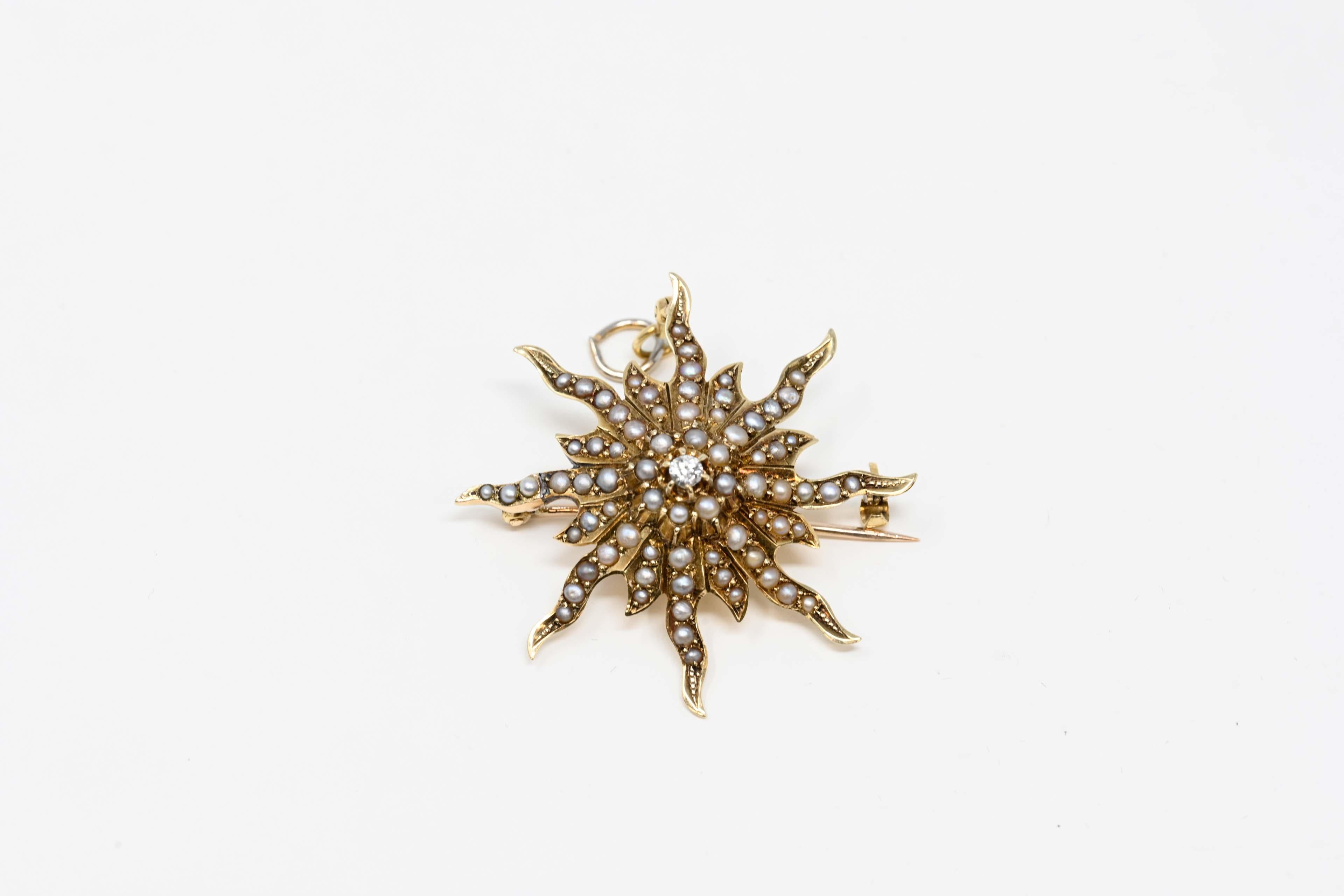 Antique 14k Yellow Gold Diamond & Seed Pearl Star Pendant For Sale 2