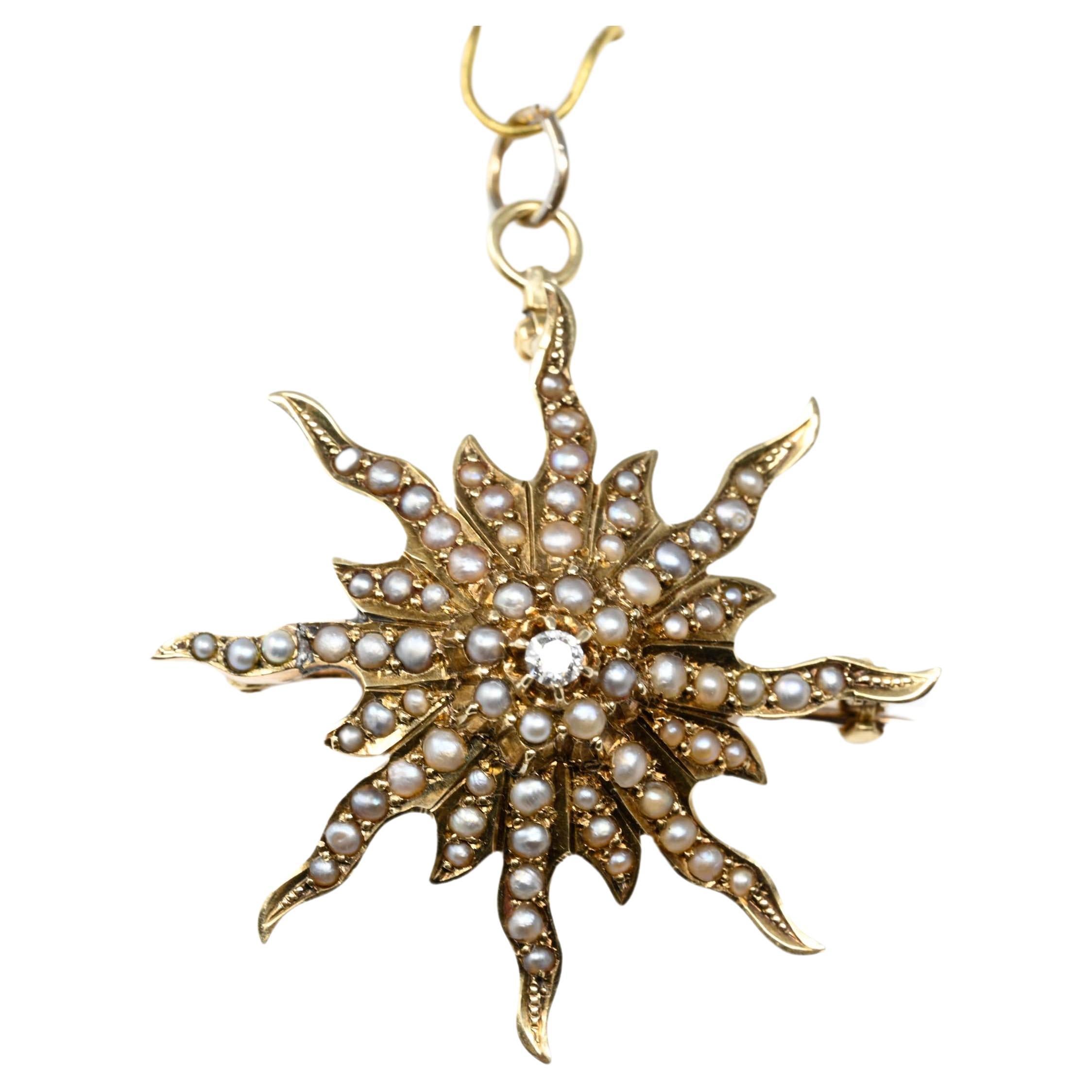 Pendentif étoile ancienne en or jaune 14 carats, diamants et perles naturelles