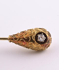 Antique 14K Yellow Gold Diamond Stick Pin Old Euro Old Mine Cut Lapel Tie Pin