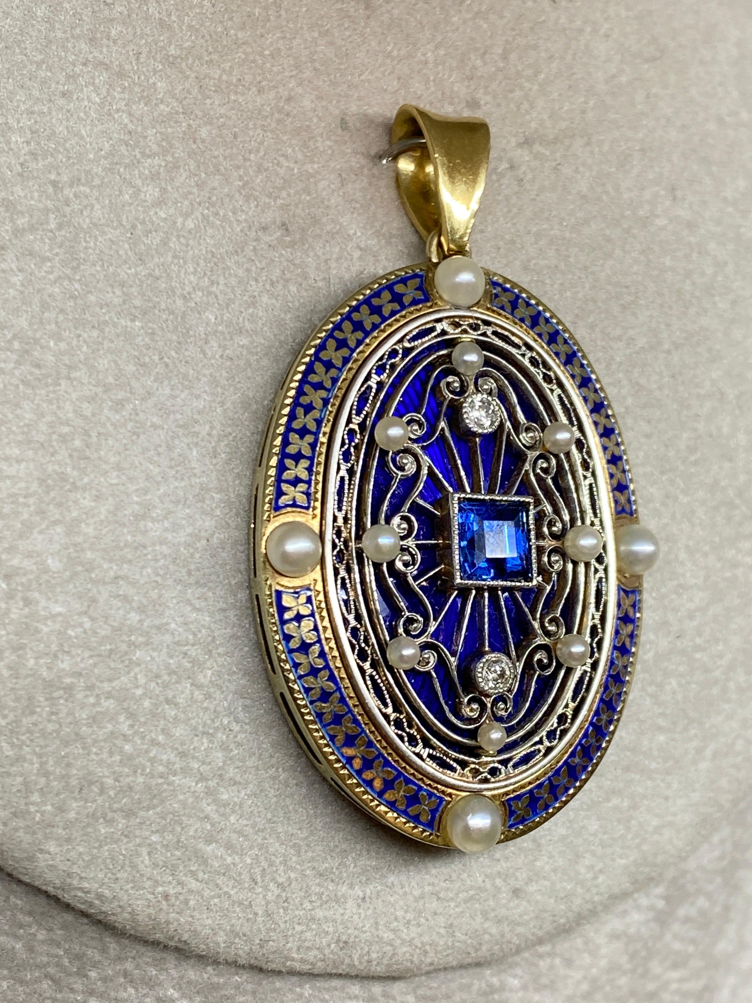 Antique 14k Yellow Gold Edwardian Oval Sapphire & Diamond Pearl Enameled Pendant For Sale 5