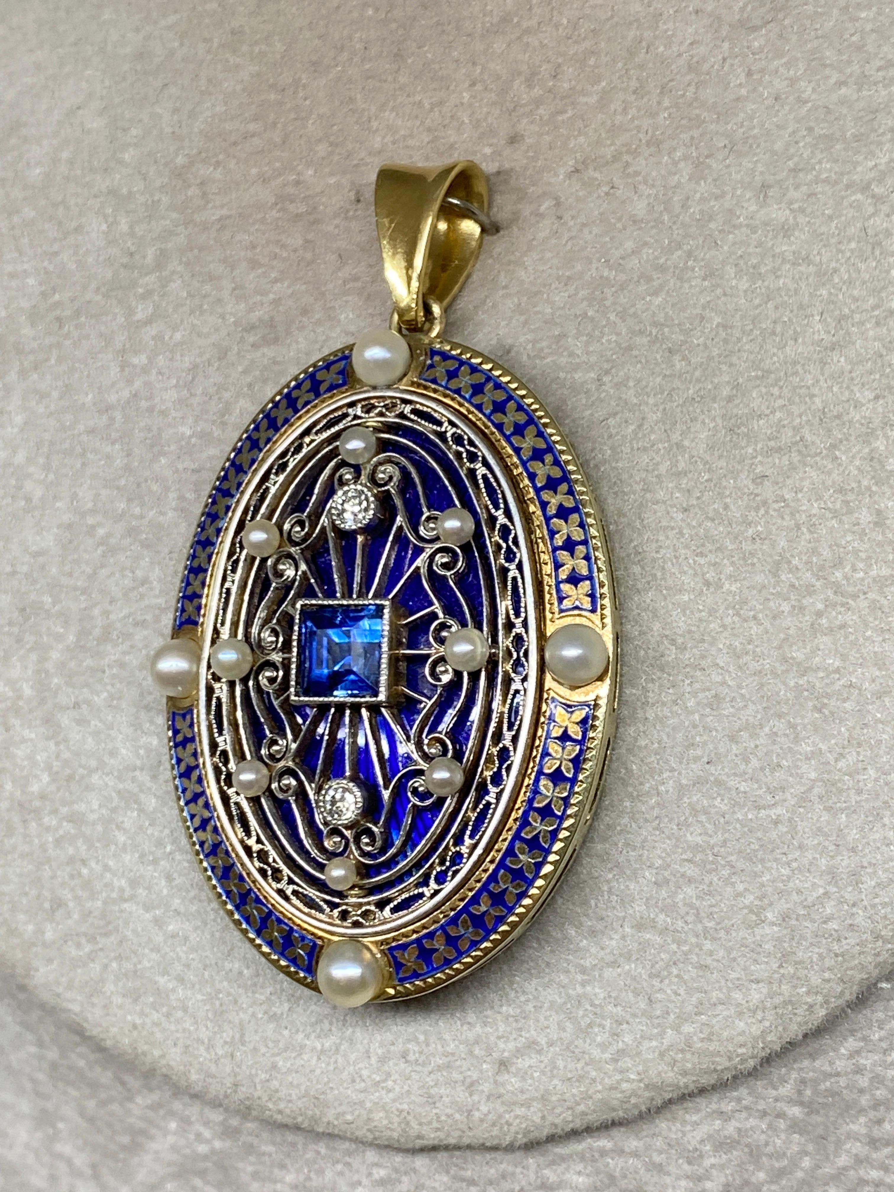 Antique 14k Yellow Gold Edwardian Oval Sapphire & Diamond Pearl Enameled Pendant For Sale 6
