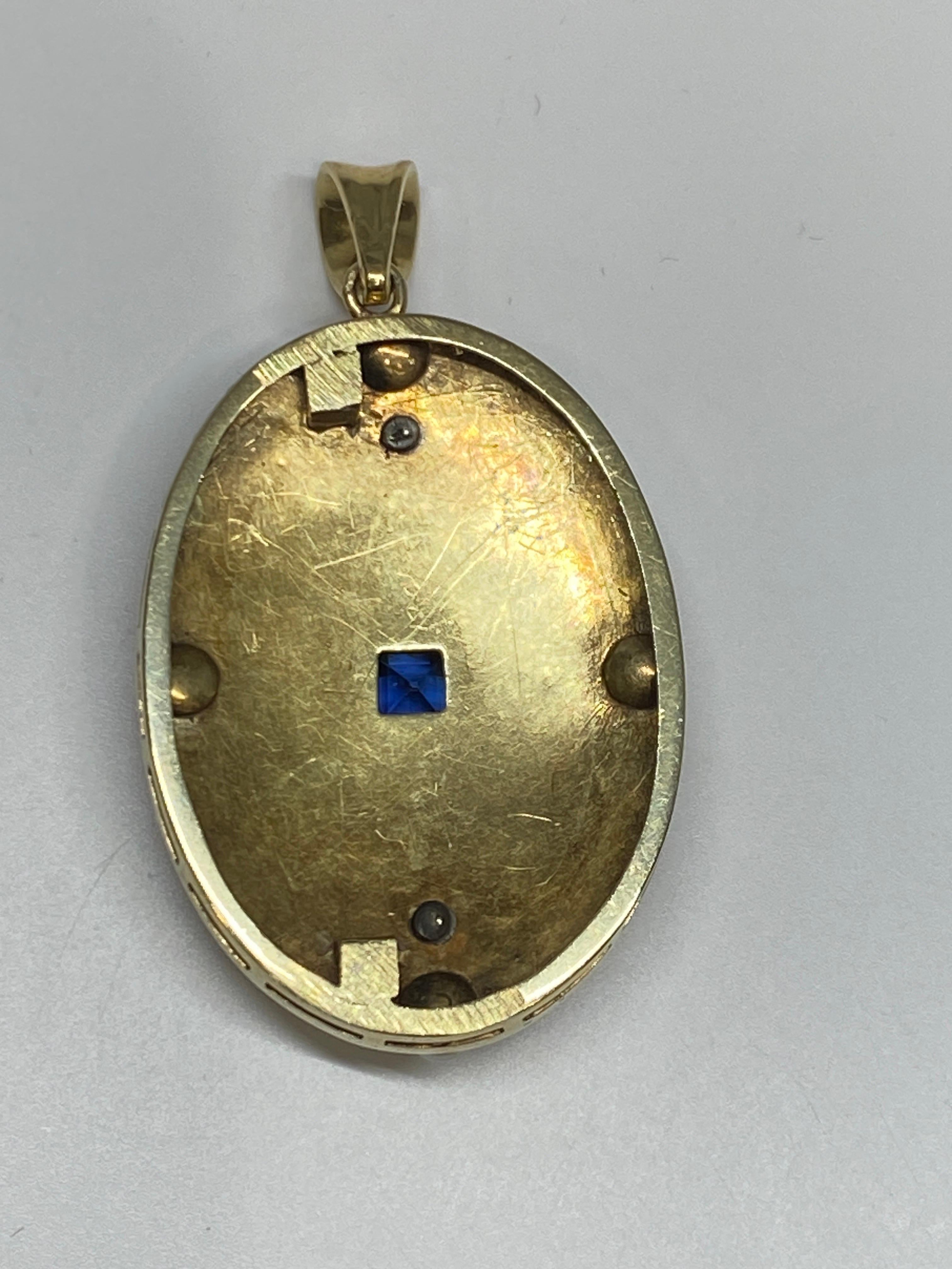 Antique 14k Yellow Gold Edwardian Oval Sapphire & Diamond Pearl Enameled Pendant For Sale 7