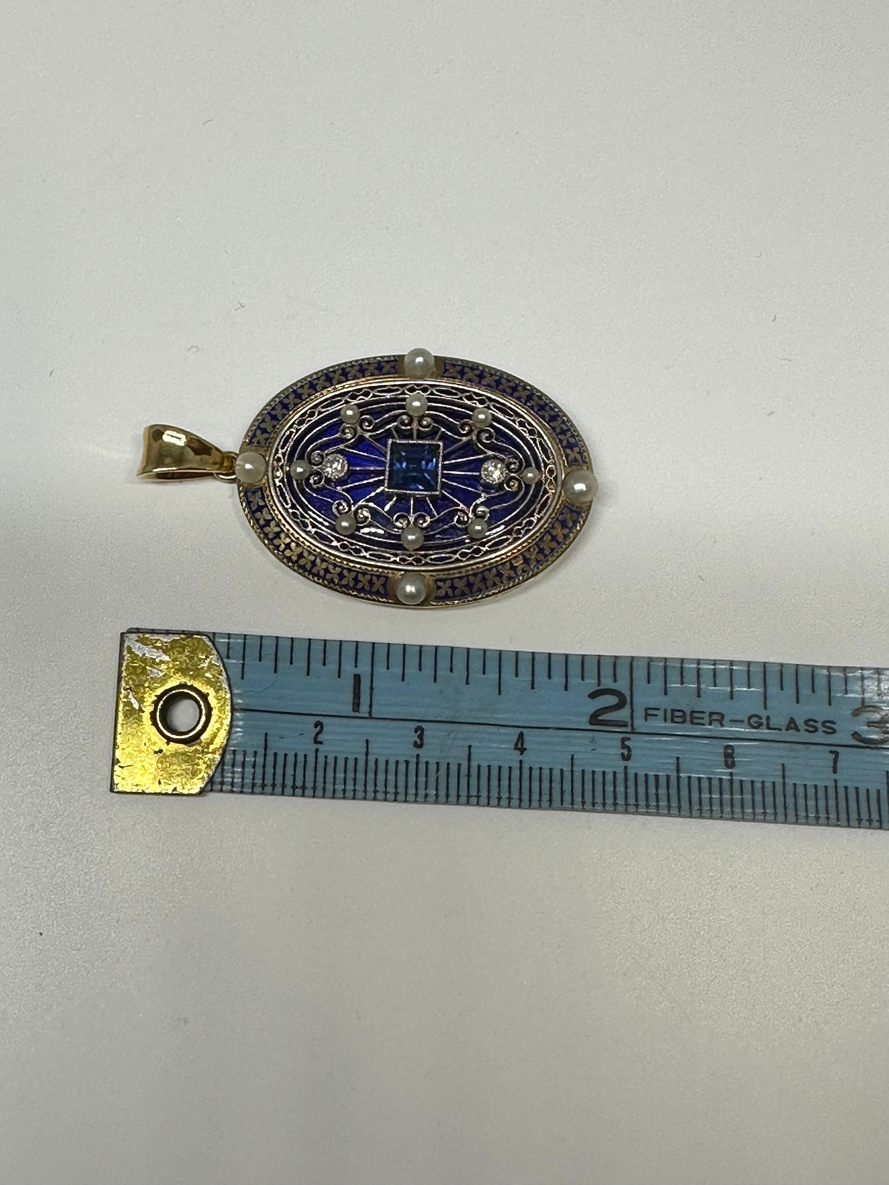 Antique 14k Yellow Gold Edwardian Oval Sapphire & Diamond Pearl Enameled Pendant For Sale 8