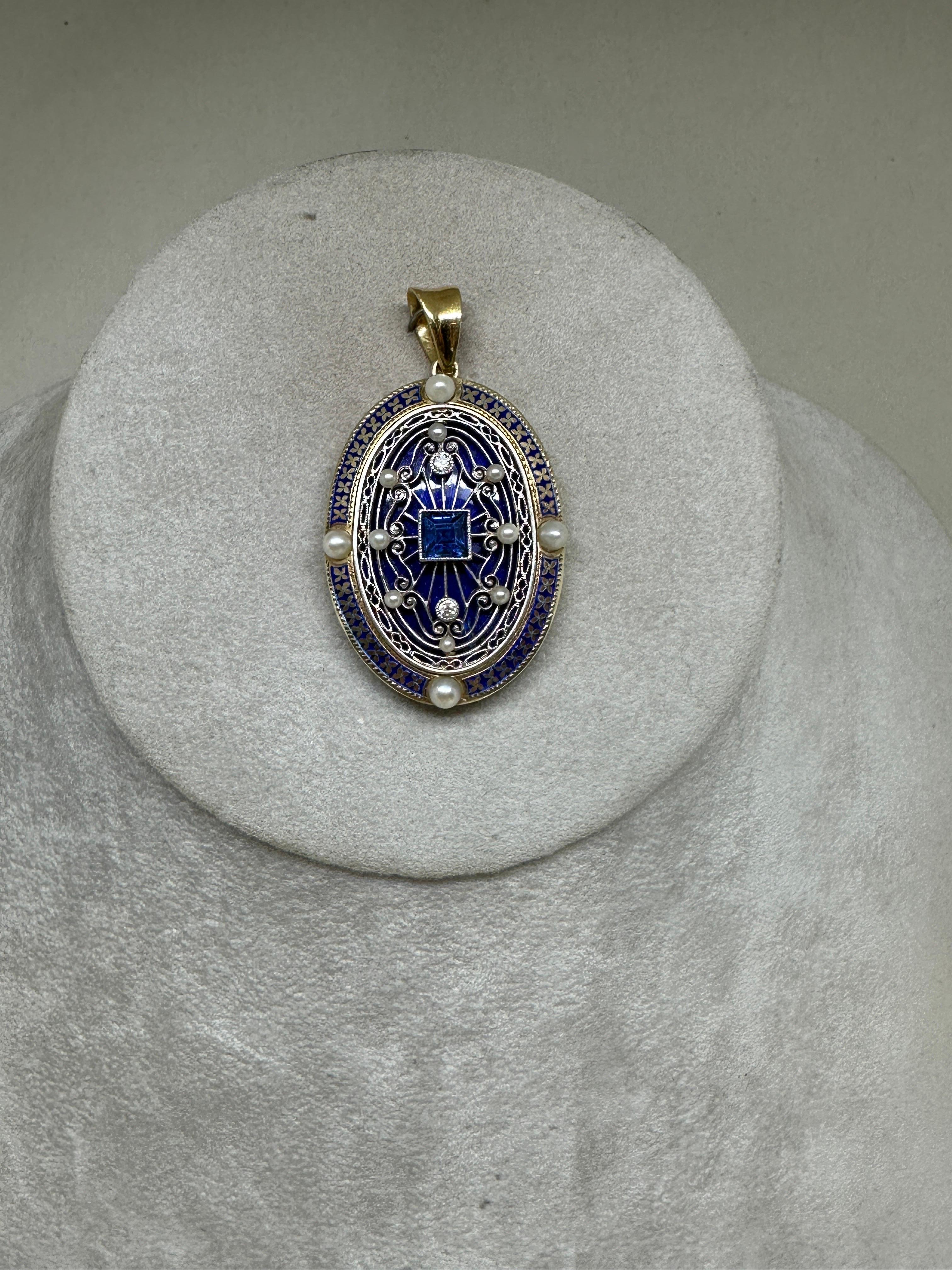 Old European Cut Antique 14k Yellow Gold Edwardian Oval Sapphire & Diamond Pearl Enameled Pendant For Sale