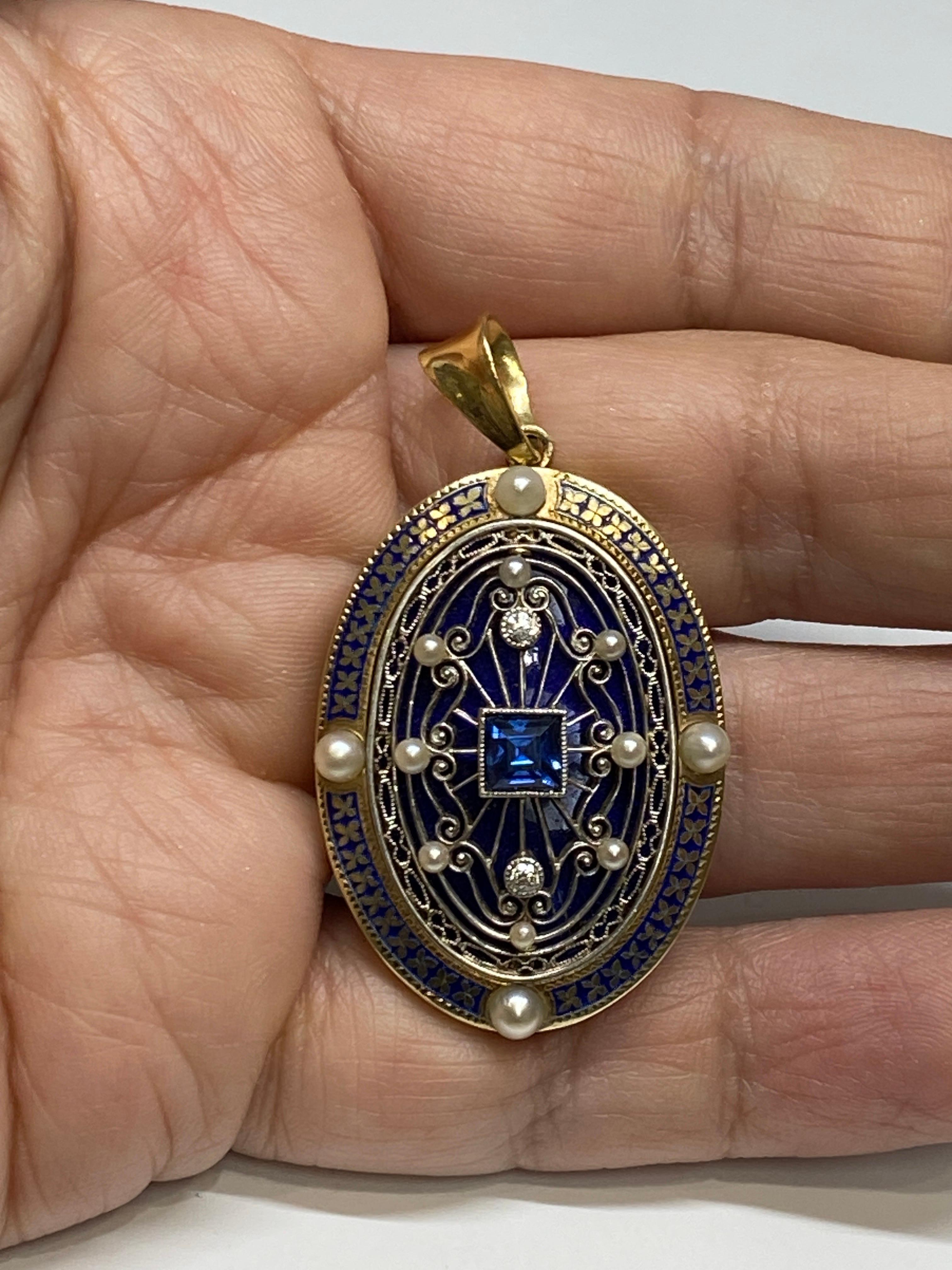 Antique 14k Yellow Gold Edwardian Oval Sapphire & Diamond Pearl Enameled Pendant In Good Condition For Sale In Bernardsville, NJ